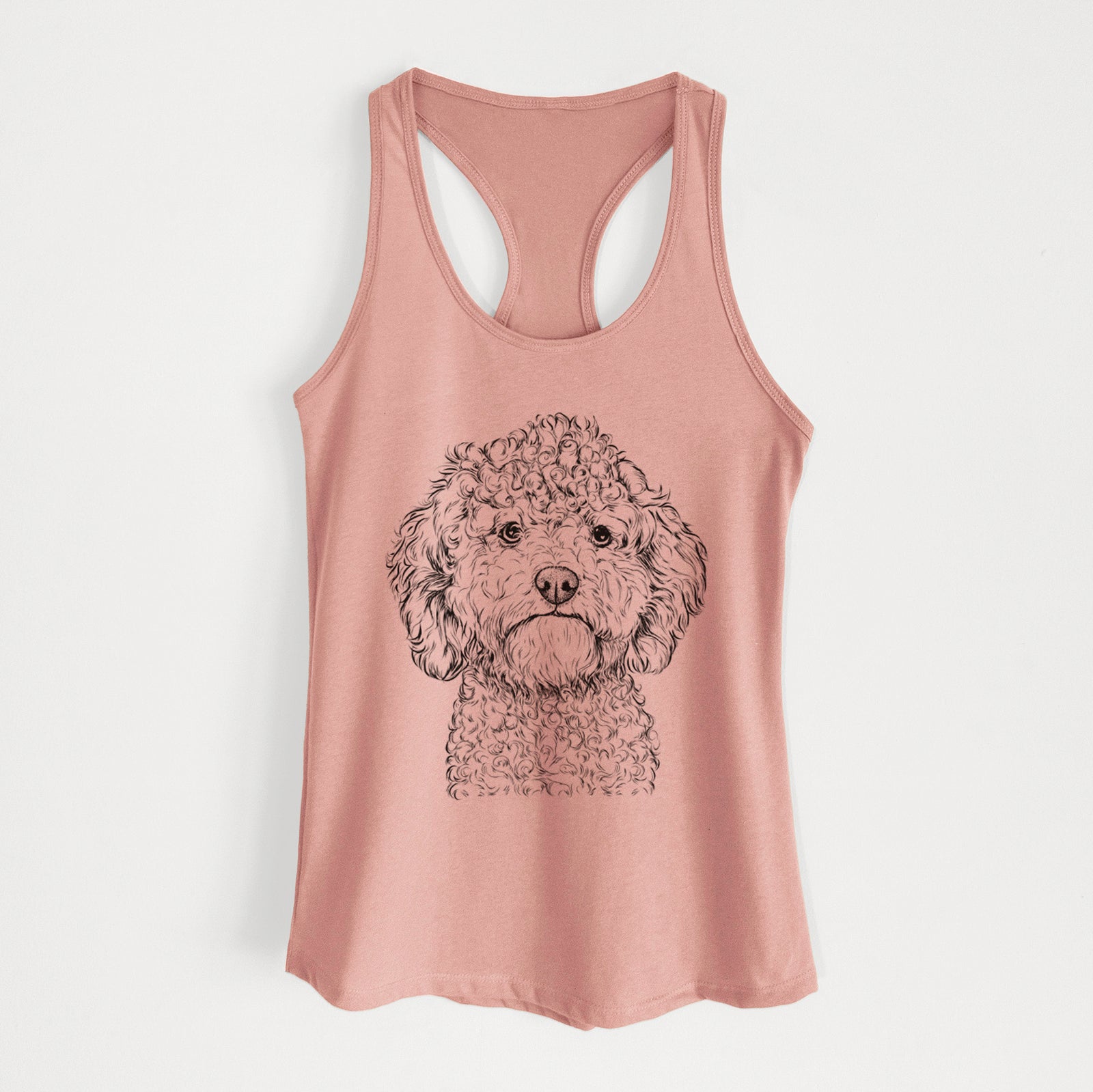 Hand-drawn sketch of Edgar the Shihpoo on a Desert Pink Women's racerback tanktop