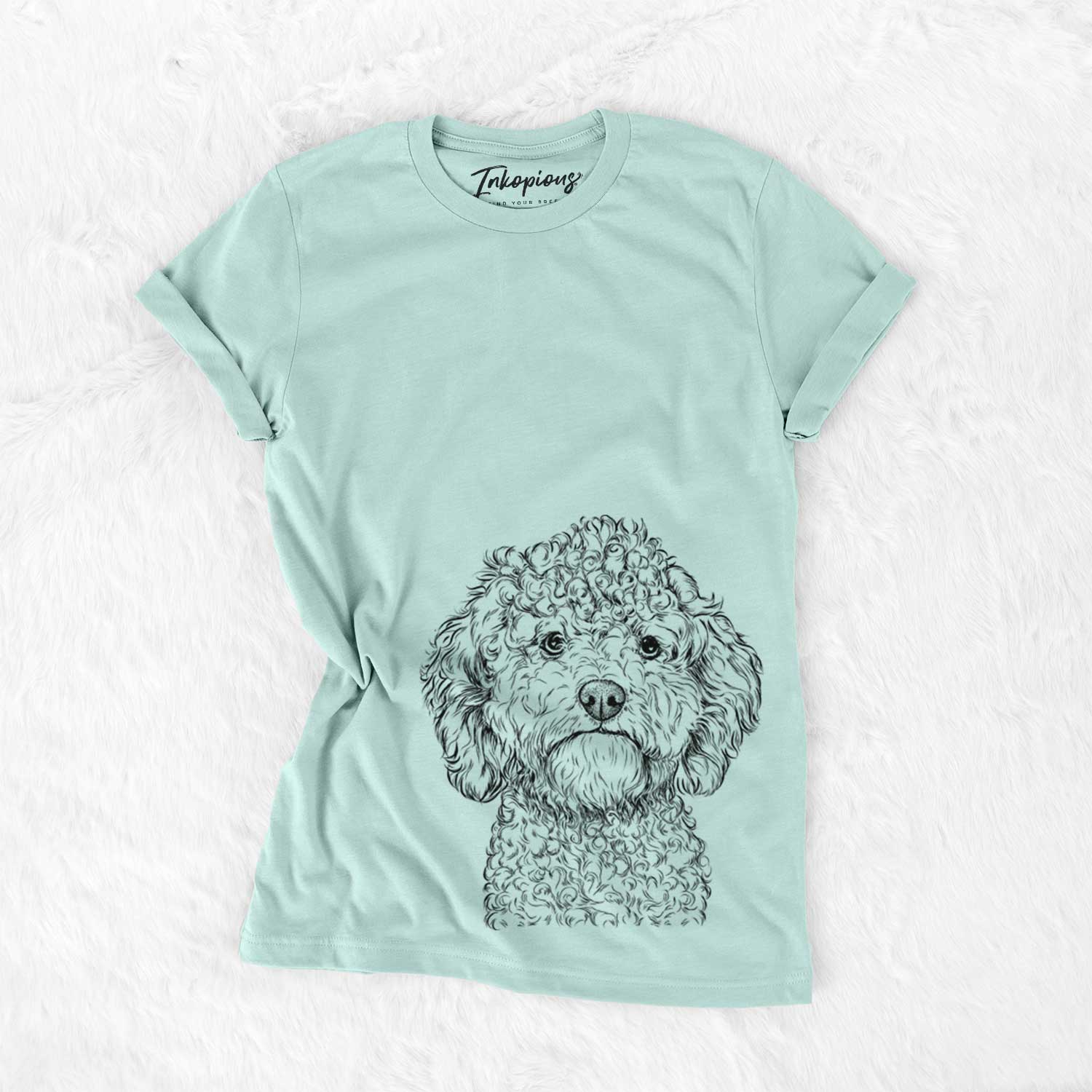 Hand-drawn sketch of Edgar the Shihpoo on a Heather Sage Bella Canvas Unisex Crewneck