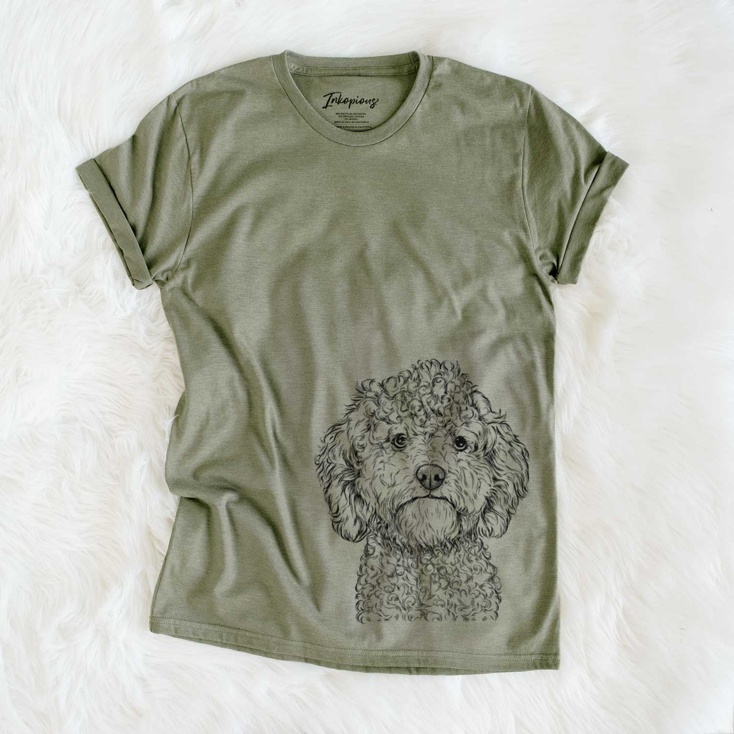 Hand-drawn sketch of Edgar the Shihpoo on an Olive Unisex crewneck