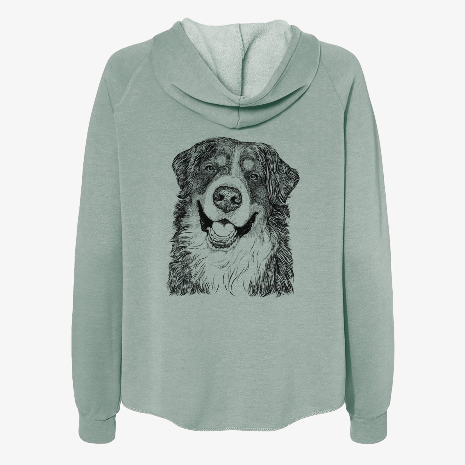 Hand-drawn sketch of Eiger the Bernese Mountain Dog on a Sage Women's cali wave zip-up sweatshirt
