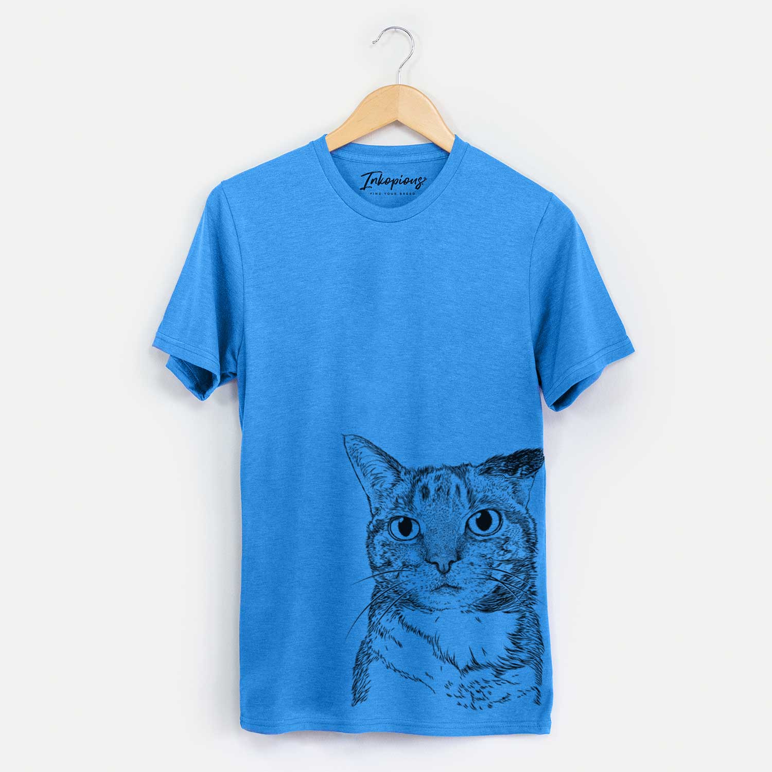 Hand-drawn sketch of Eleanor the Domestic Shorthair Cat on a Blue Unisex crewneck