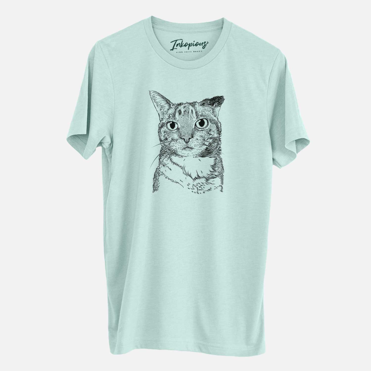 Hand-drawn sketch of Eleanor the Domestic Shorthair Cat on a Heather Sage Unisex crewneck