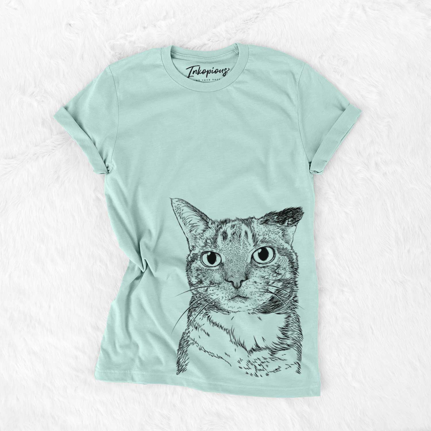 Hand-drawn sketch of Eleanor the Domestic Shorthair Cat on a Heather Sage Unisex crewneck