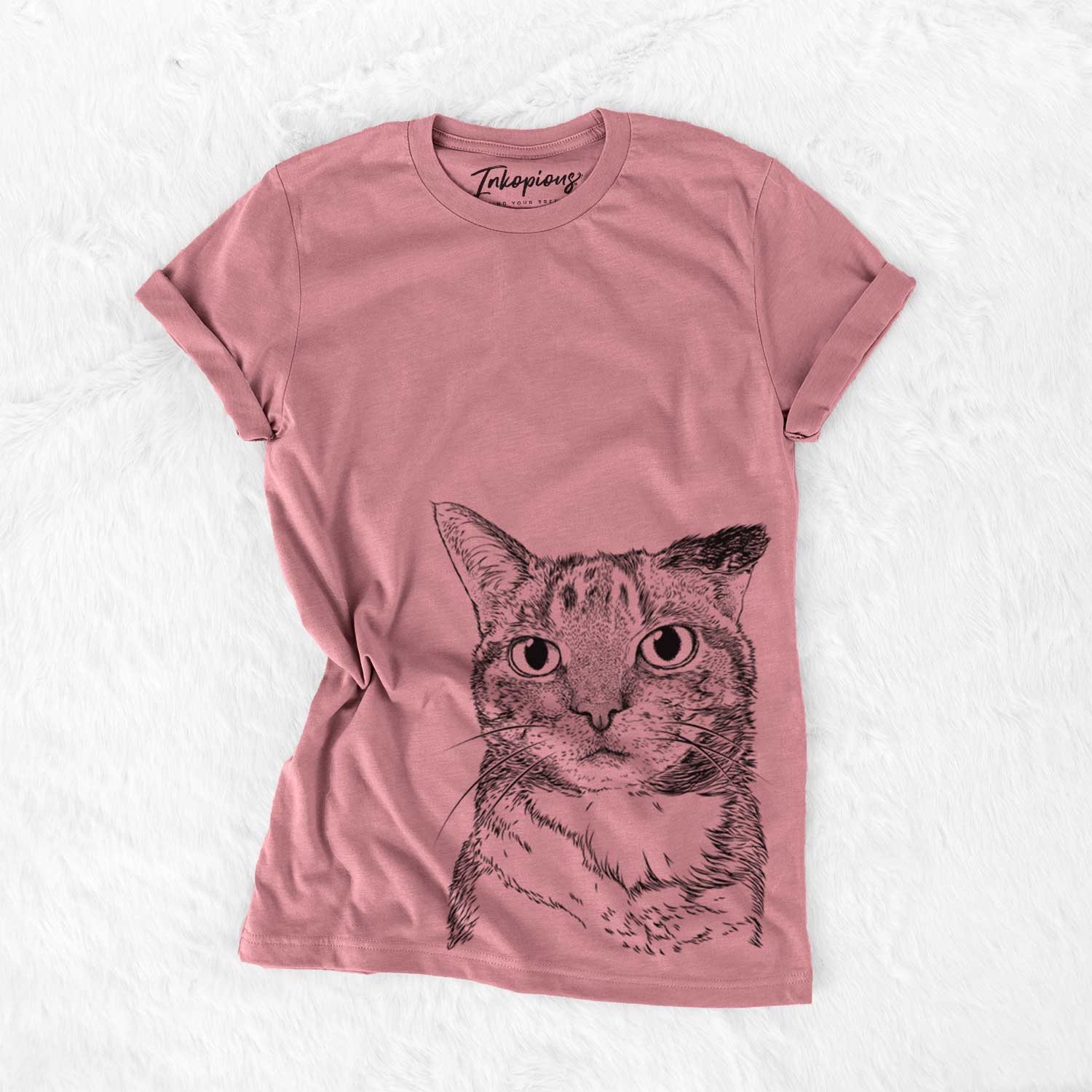Hand-drawn sketch of Eleanor the Domestic Shorthair Cat on a Mauve Unisex crewneck