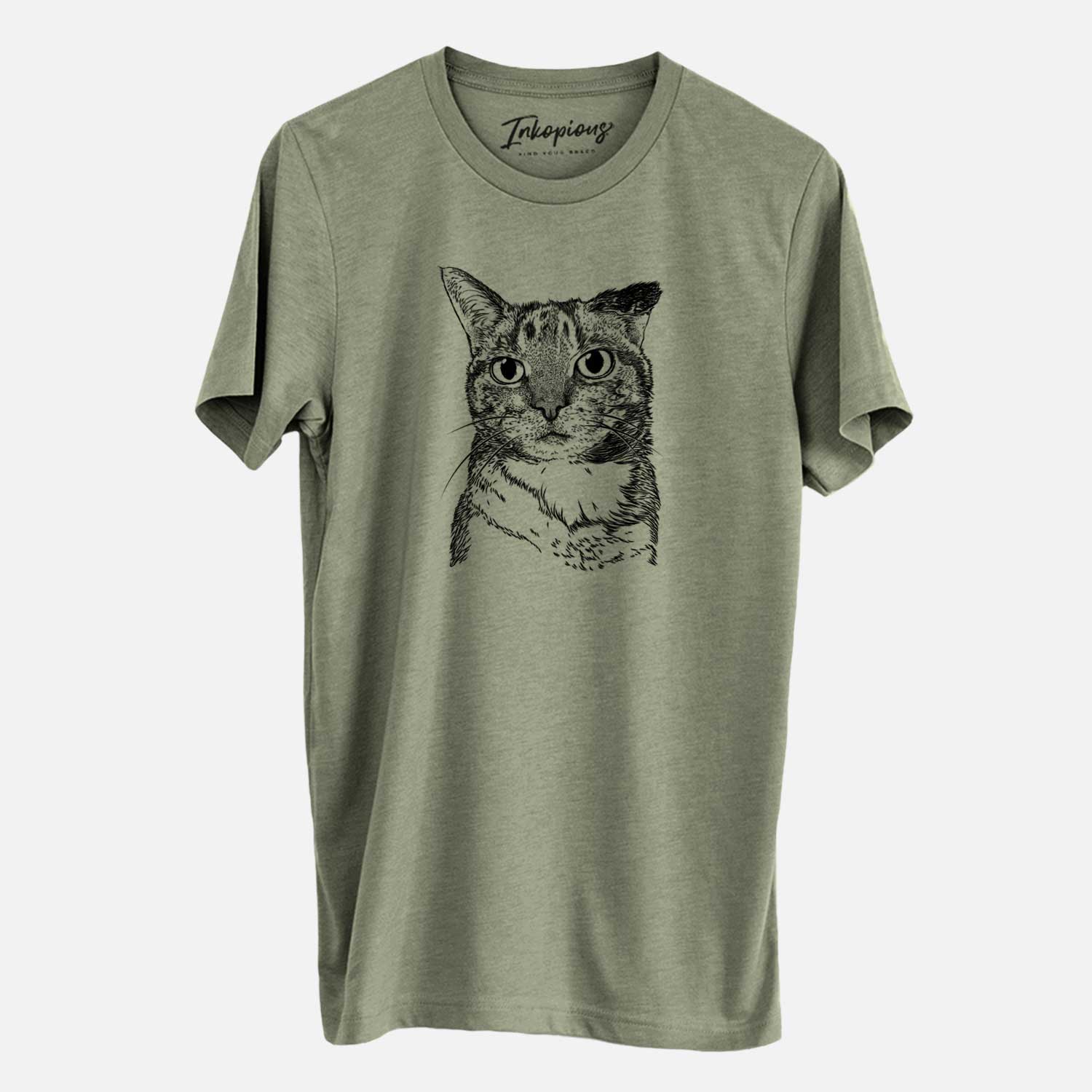 Hand-drawn sketch of Eleanor the Domestic Shorthair Cat on an Olive Unisex crewneck