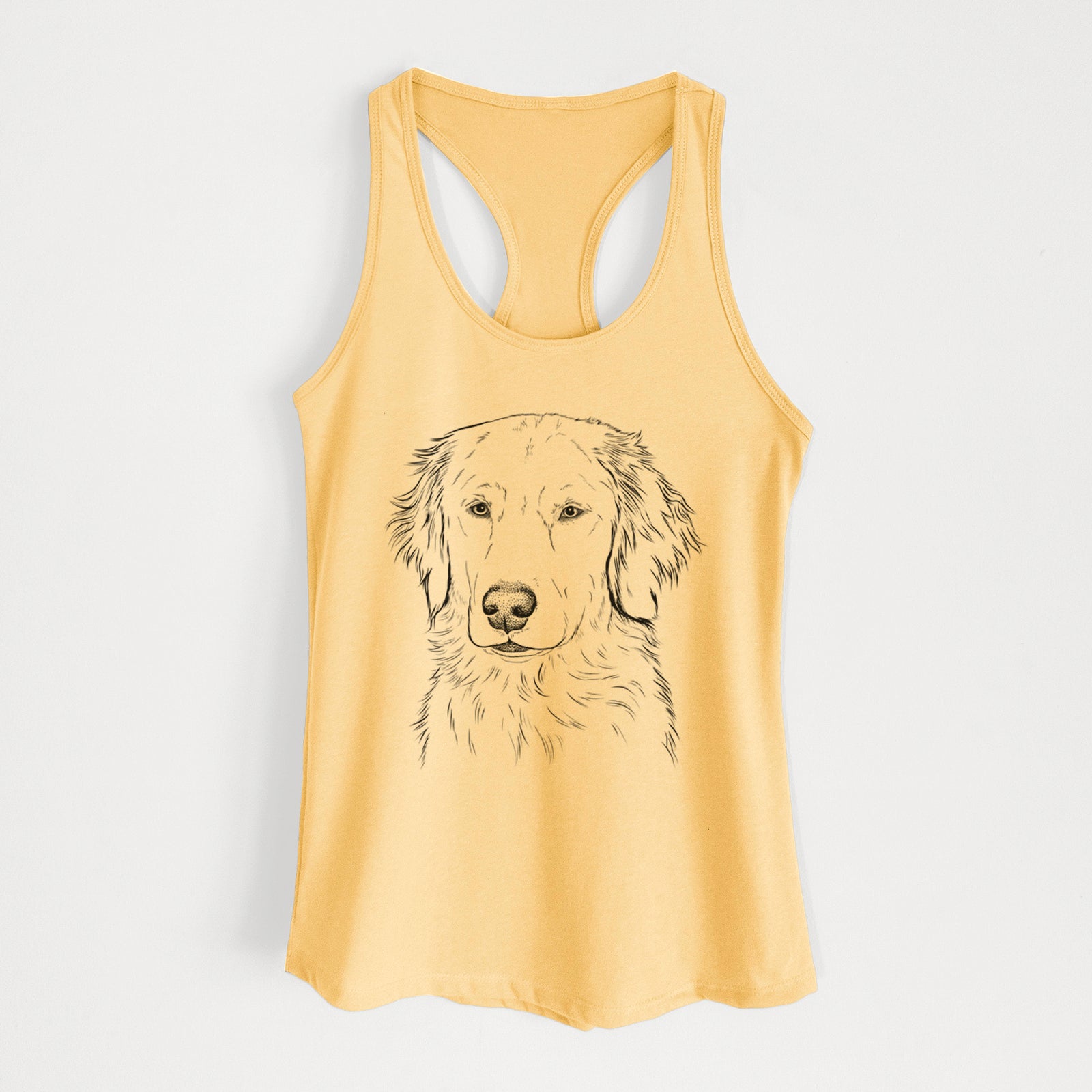 Hand-drawn sketch of Eli the Golden Retriever on a Banana Cream Women's racerback tanktop