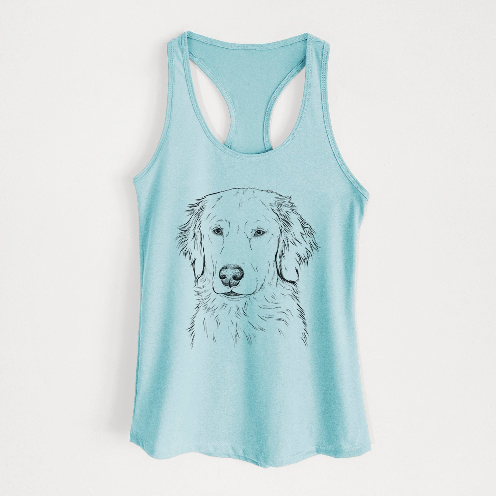 Hand-drawn sketch of Eli the Golden Retriever on a Cancun Blue Women's racerback tanktop