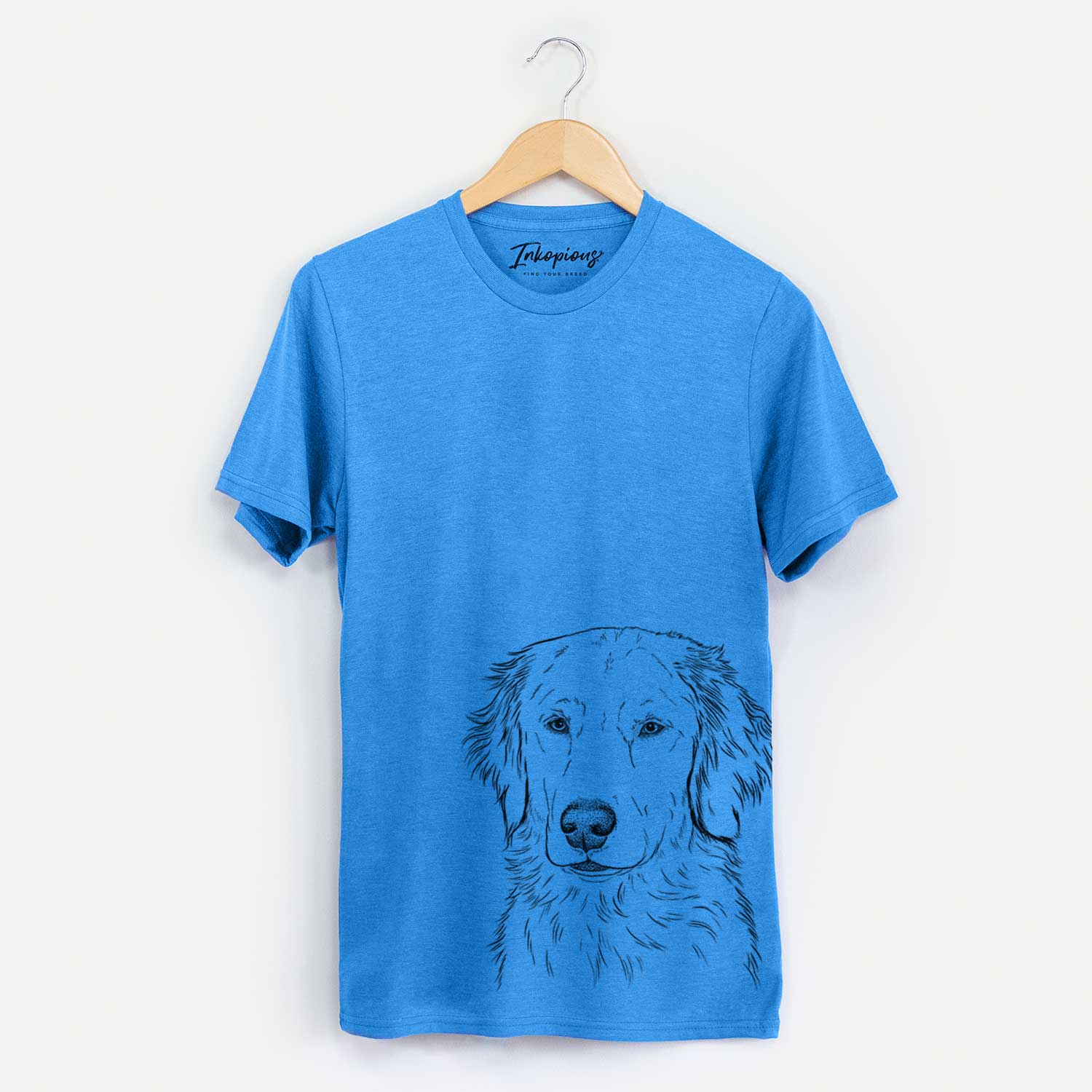 Hand-drawn sketch of Eli the Golden Retriever on a Blue Unisex crewneck