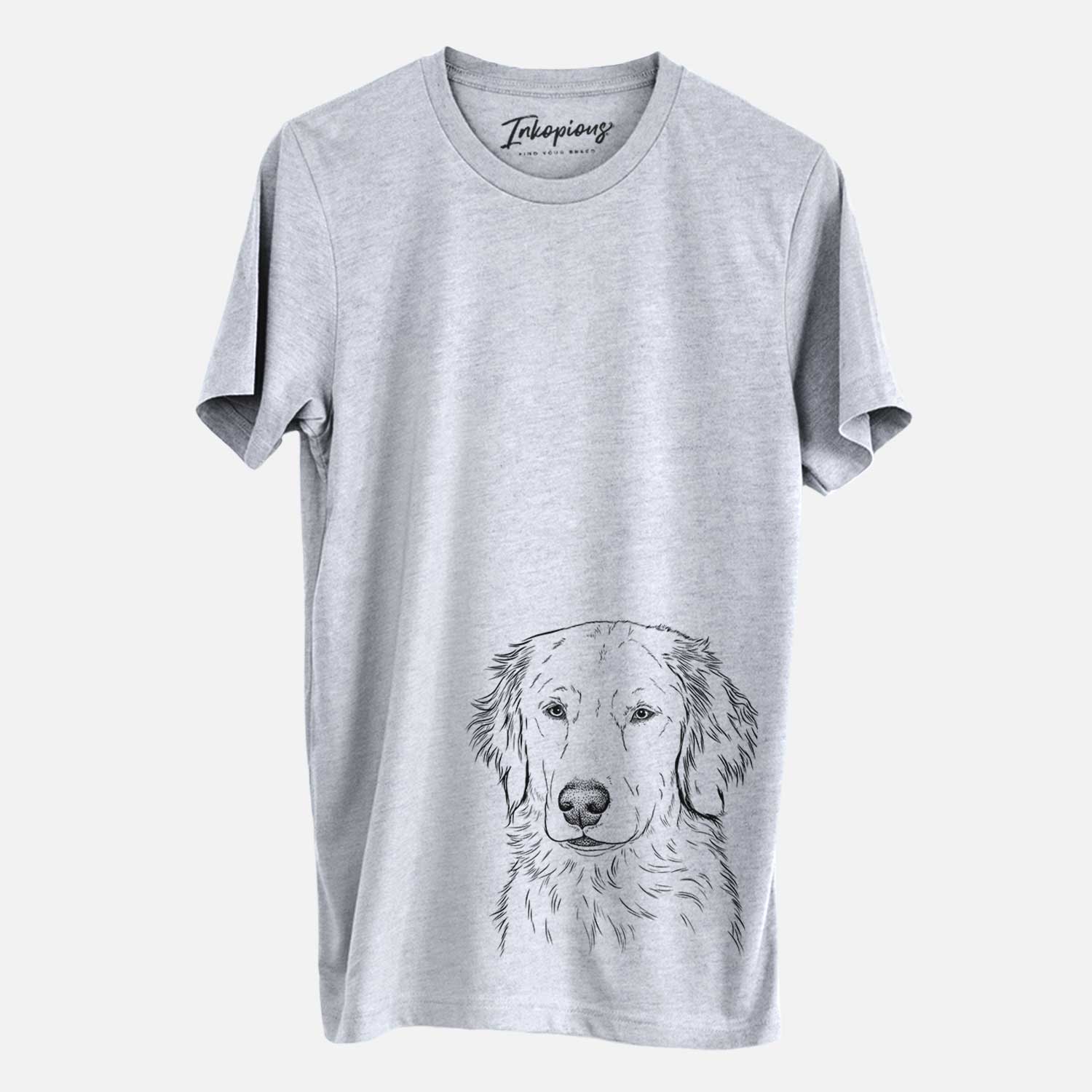 Hand-drawn sketch of Eli the Golden Retriever on a Grey Unisex crewneck