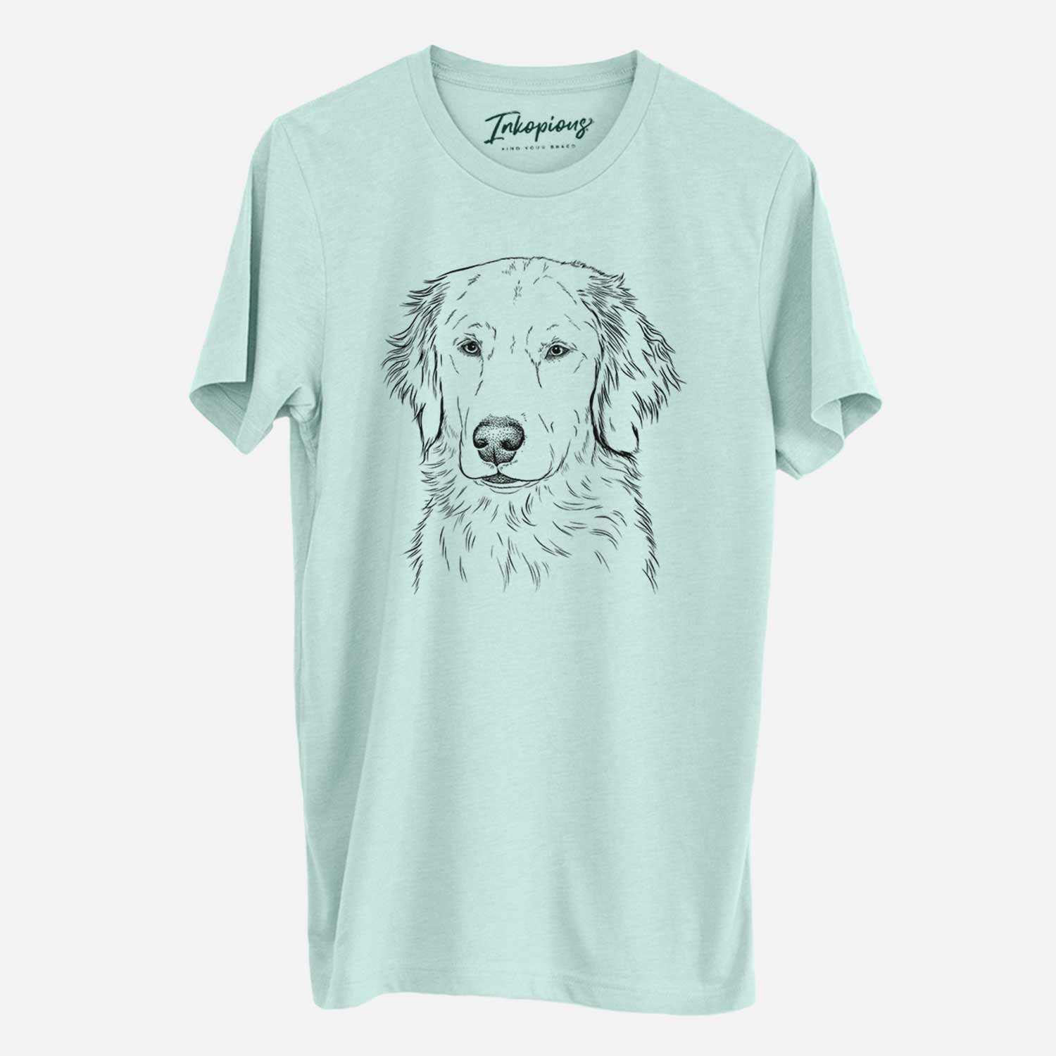 Hand-drawn sketch of Eli the Golden Retriever on a Heather Sage Unisex crewneck