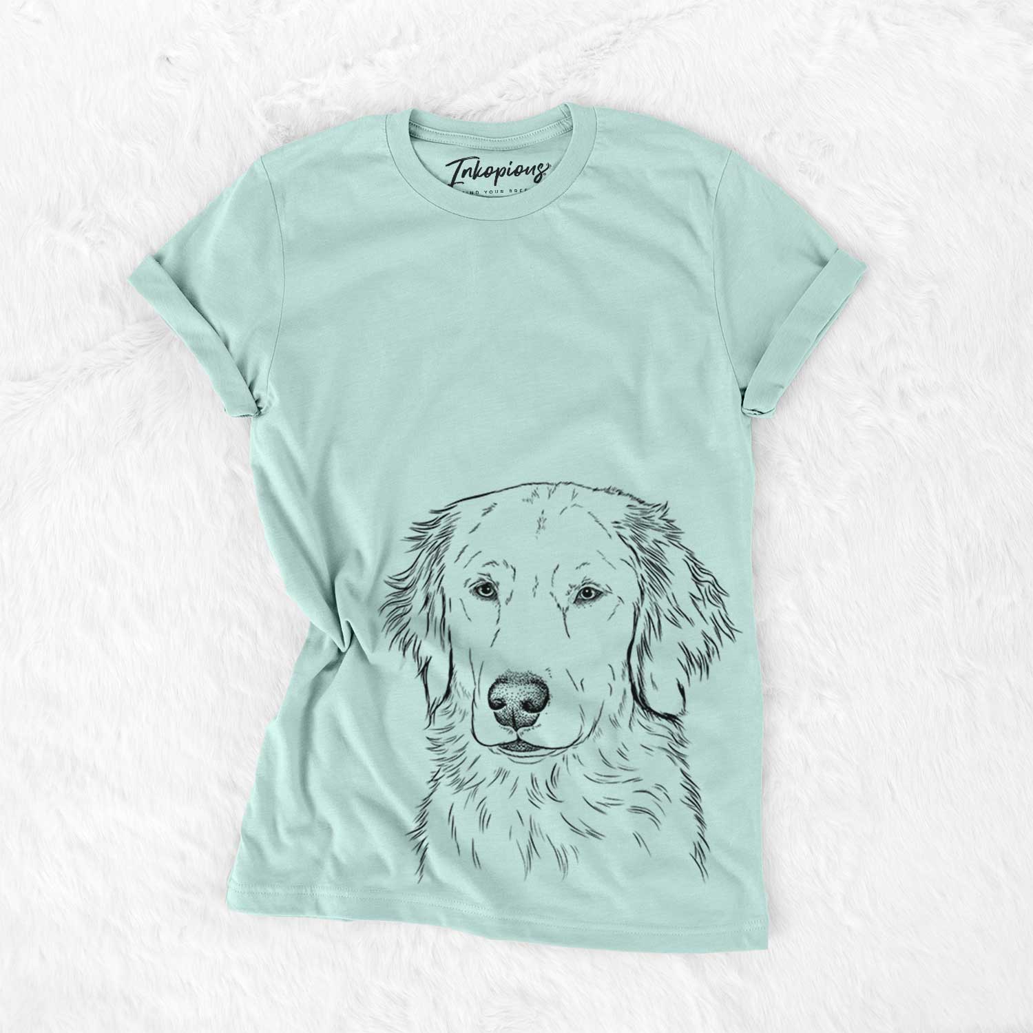 Hand-drawn sketch of Eli the Golden Retriever on a Heather Sage Unisex crewneck