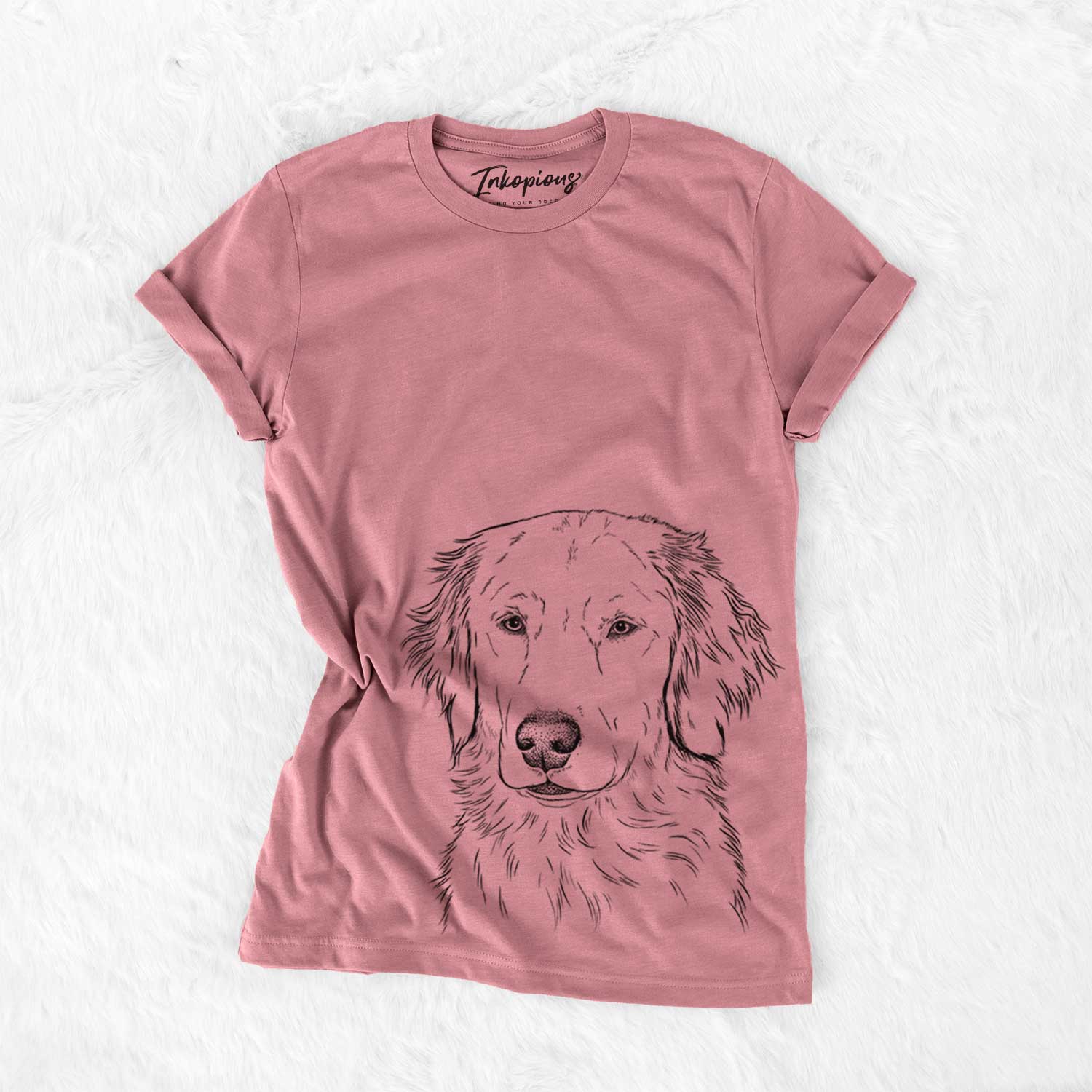 Hand-drawn sketch of Eli the Golden Retriever on a Mauve Unisex crewneck