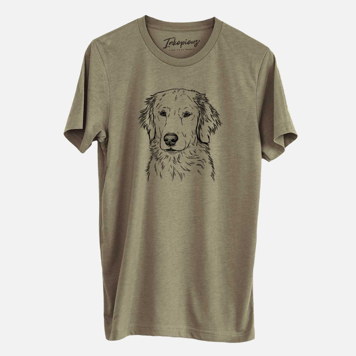 Hand-drawn sketch of Eli the Golden Retriever on an Olive Unisex crewneck