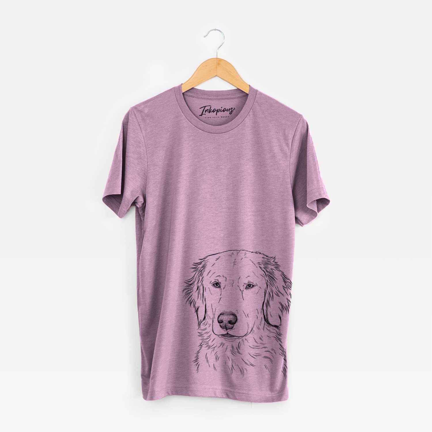 Hand-drawn sketch of Eli the Golden Retriever on an Orchid Unisex crewneck