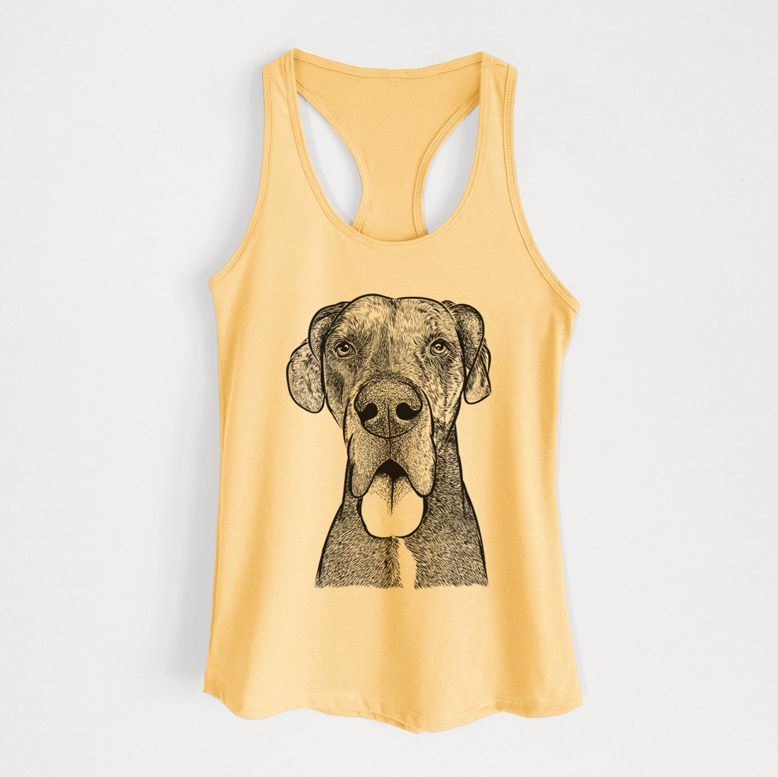 Hand-drawn sketch of Eli the Great Dane on a Banana Cream Women's racerback tanktop
