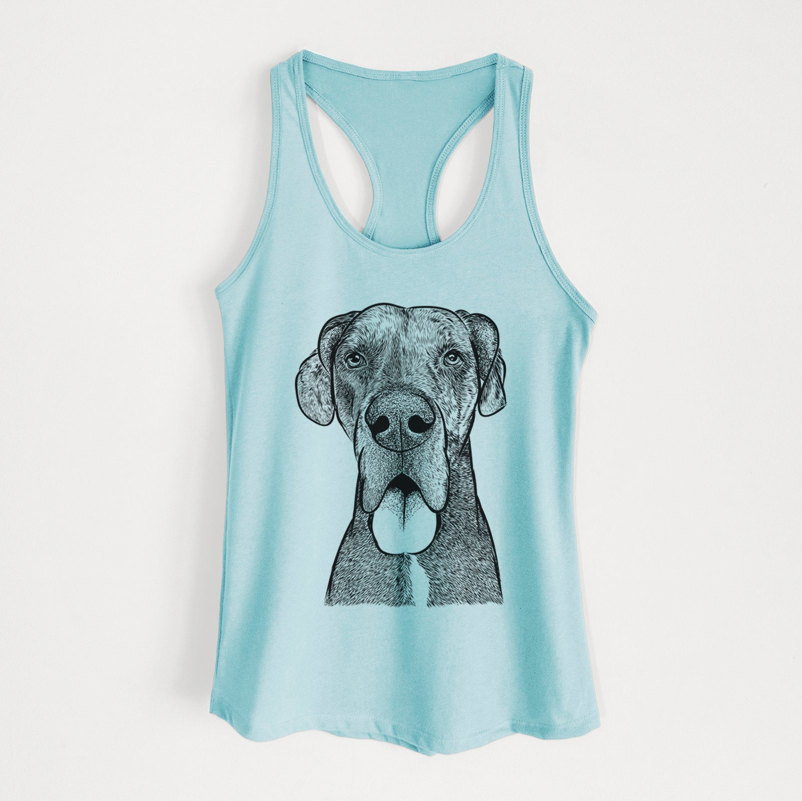 Hand-drawn sketch of Eli the Great Dane on a Cancun Blue Women's racerback tanktop
