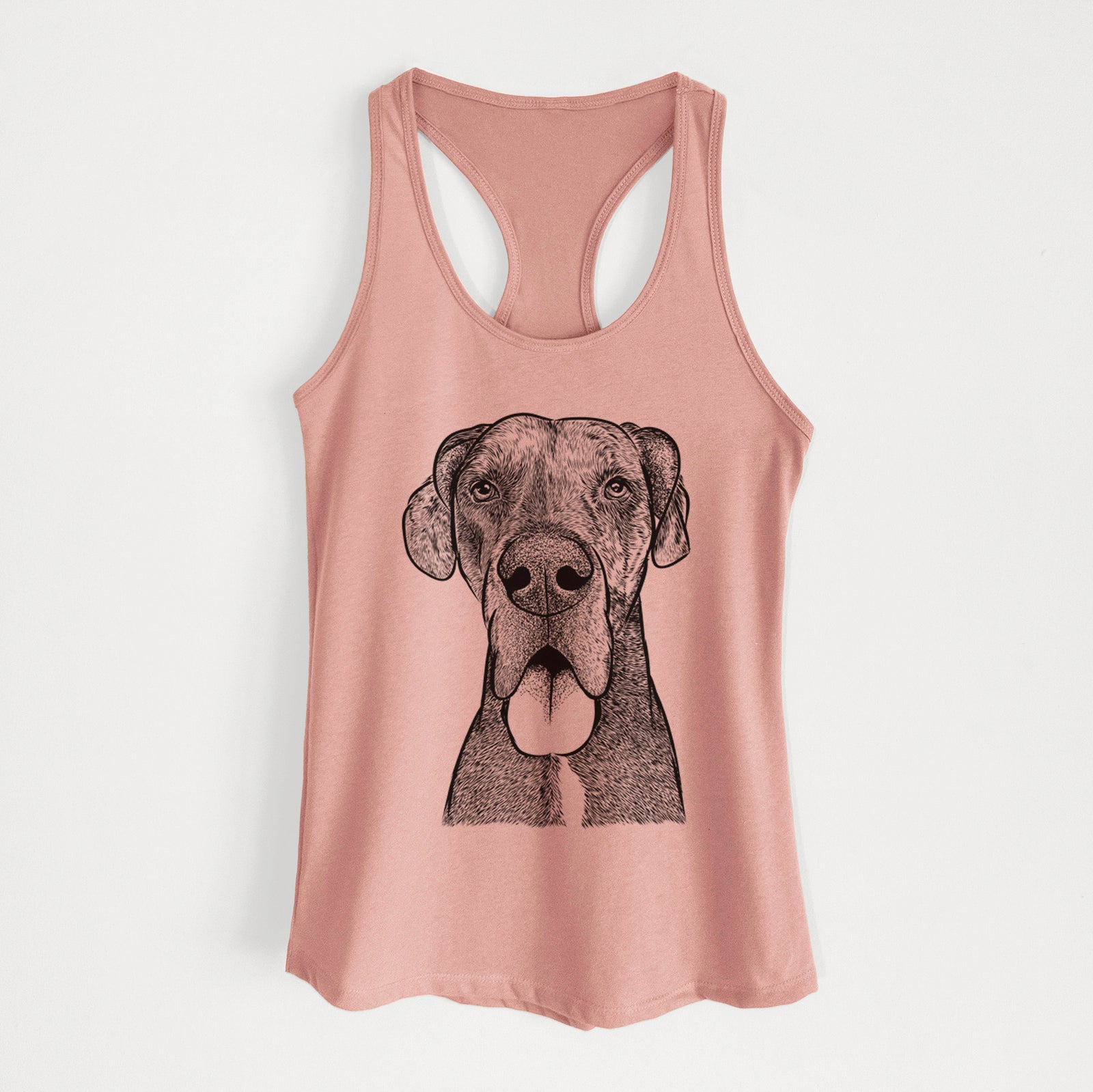 Hand-drawn sketch of Eli the Great Dane on a Desert Pink Women's racerback tanktop