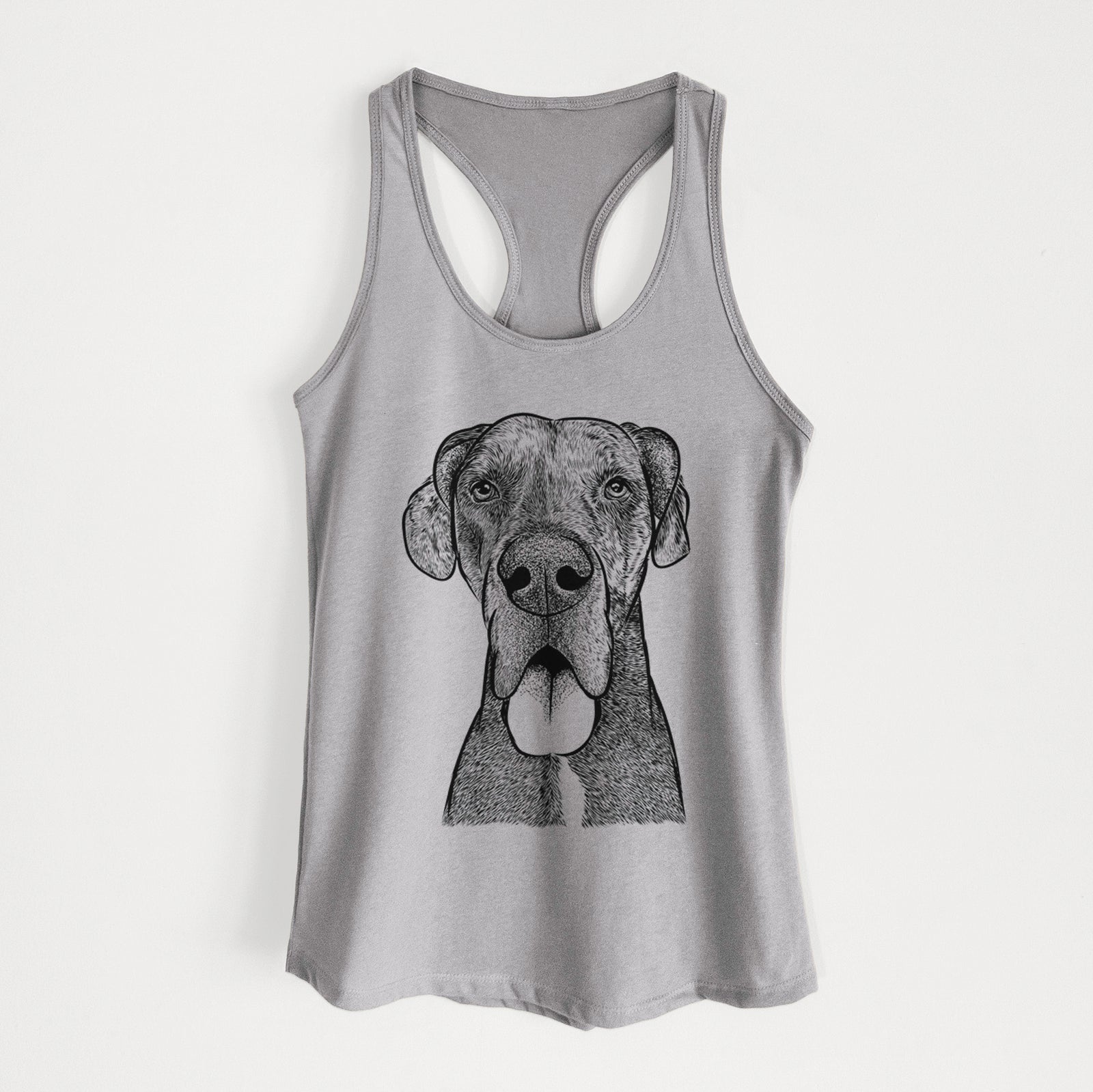 Hand-drawn sketch of Eli the Great Dane on a Heather Grey Women's racerback tanktop
