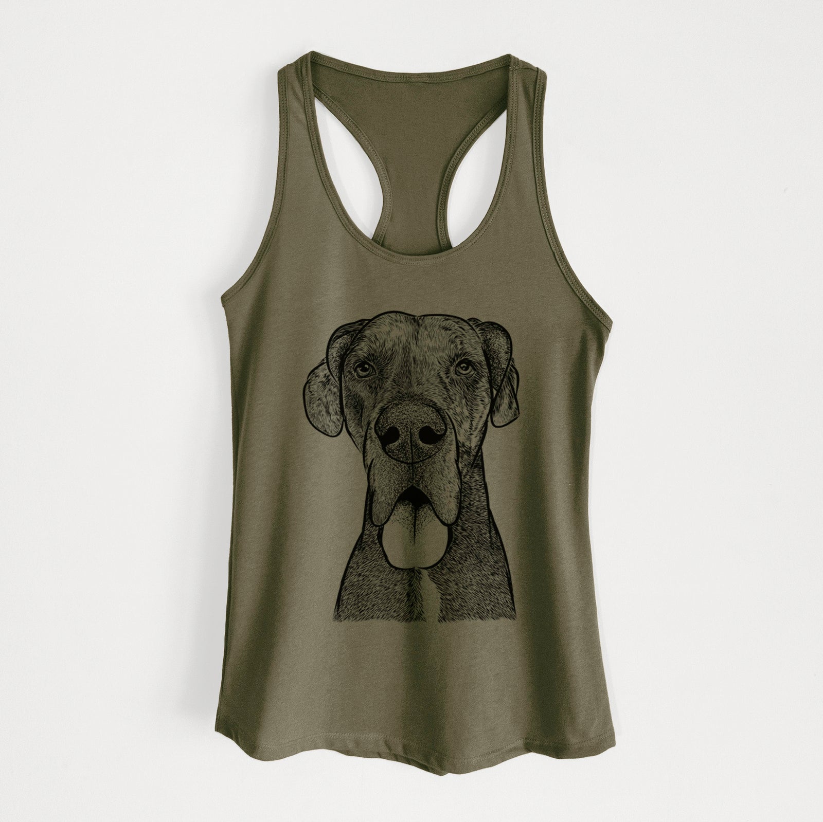 Hand-drawn sketch of Eli the Great Dane on a Military Green Women's racerback tanktop