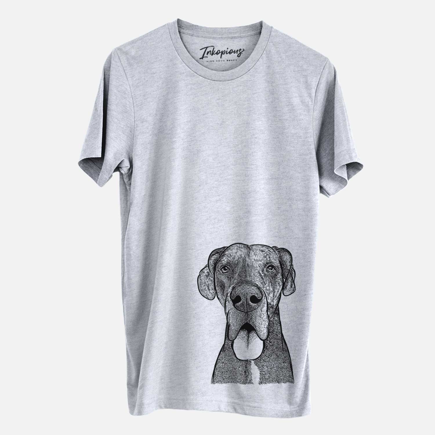 Hand-drawn sketch of Eli the Great Dane on a Grey Unisex crewneck