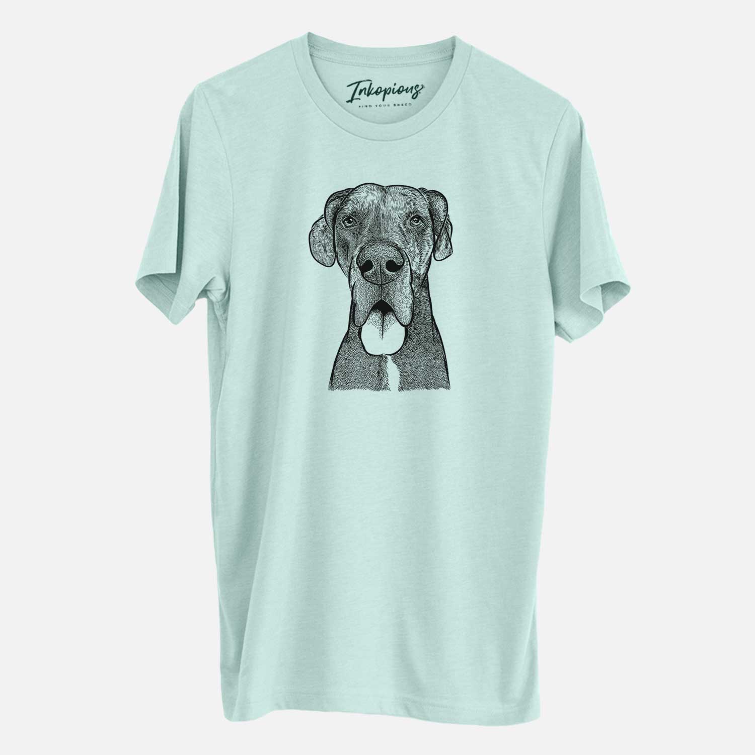 Hand-drawn sketch of Eli the Great Dane on a Heather Sage Unisex crewneck