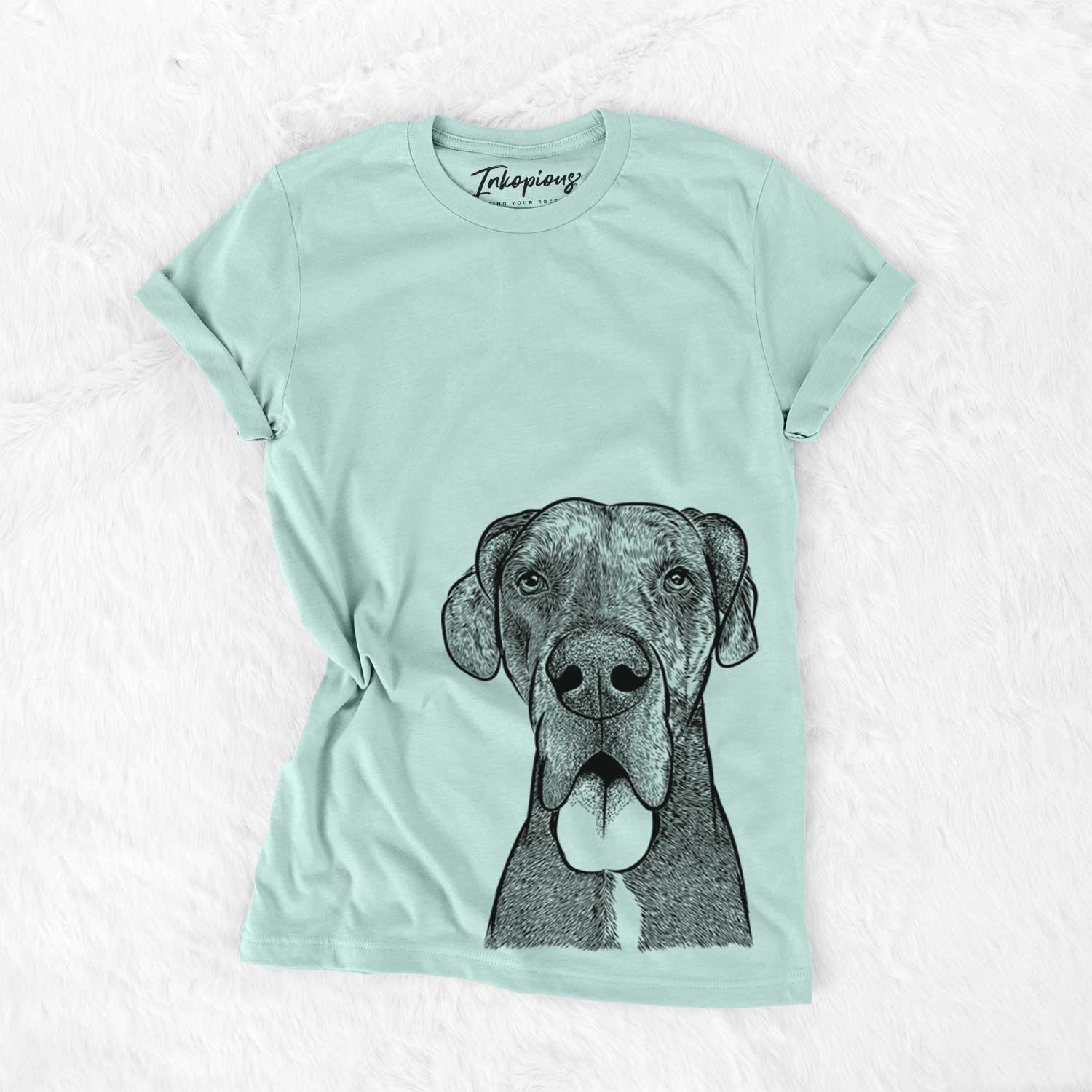 Hand-drawn sketch of Eli the Great Dane on a Heather Sage Unisex crewneck