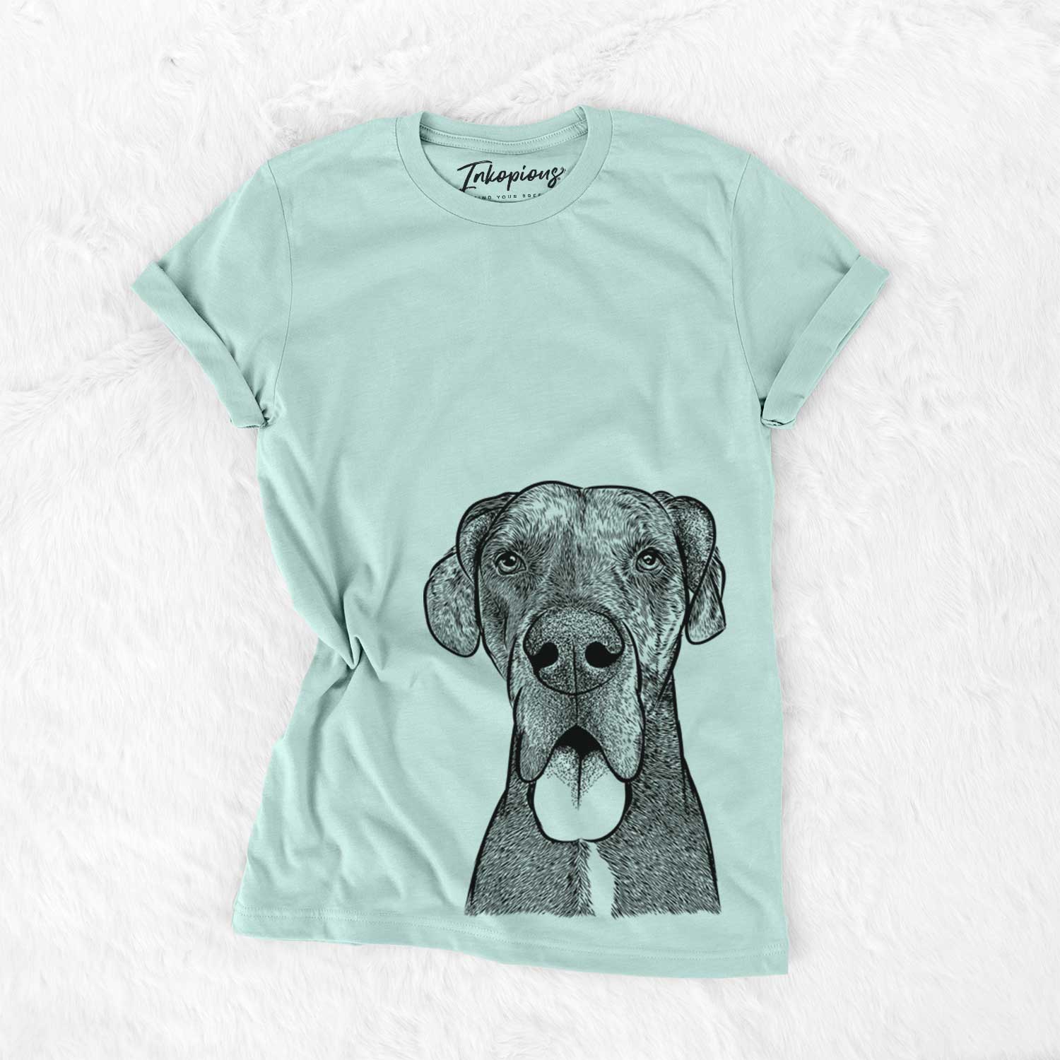 Hand-drawn sketch of Eli the Great Dane on a Heather Sage Bella Canvas Unisex Crewneck