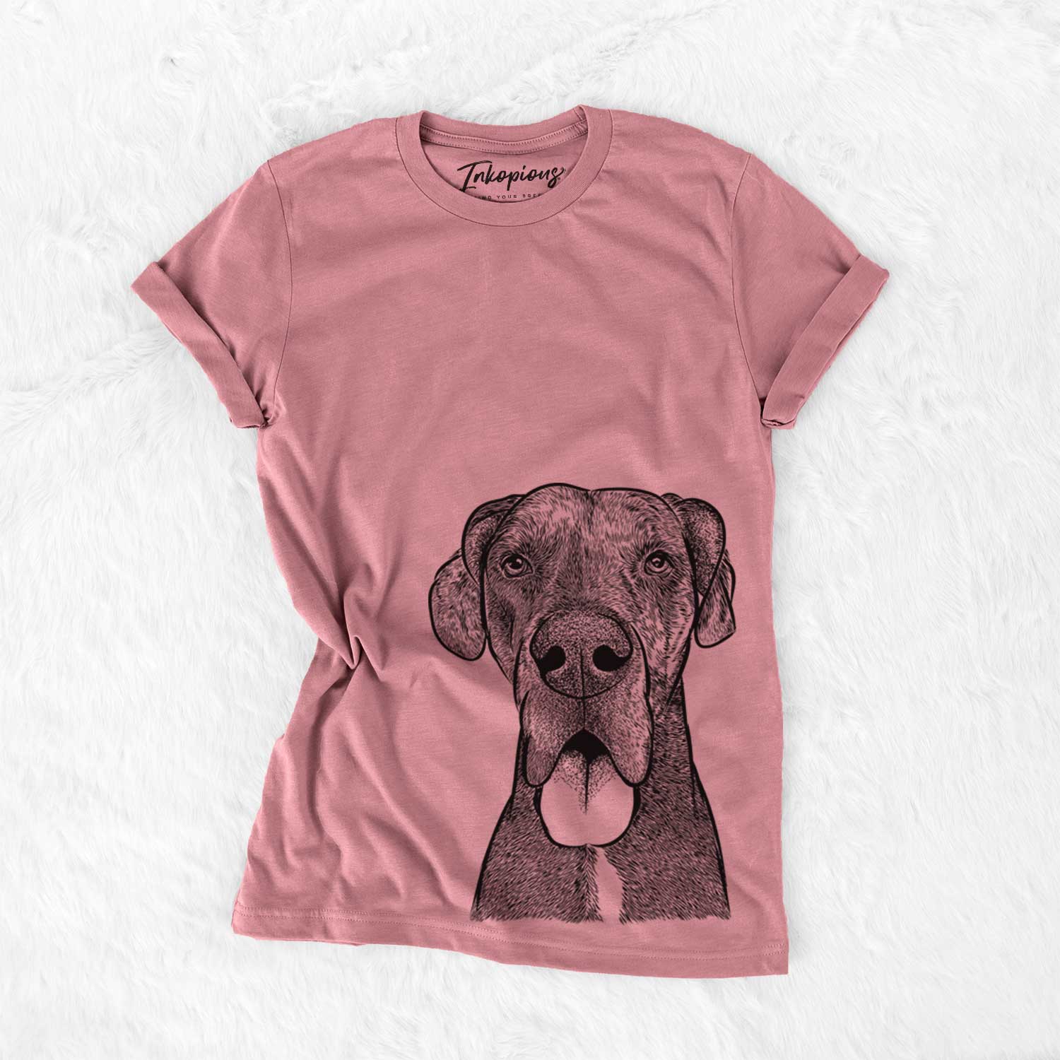 Hand-drawn sketch of Eli the Great Dane on a Mauve Unisex crewneck