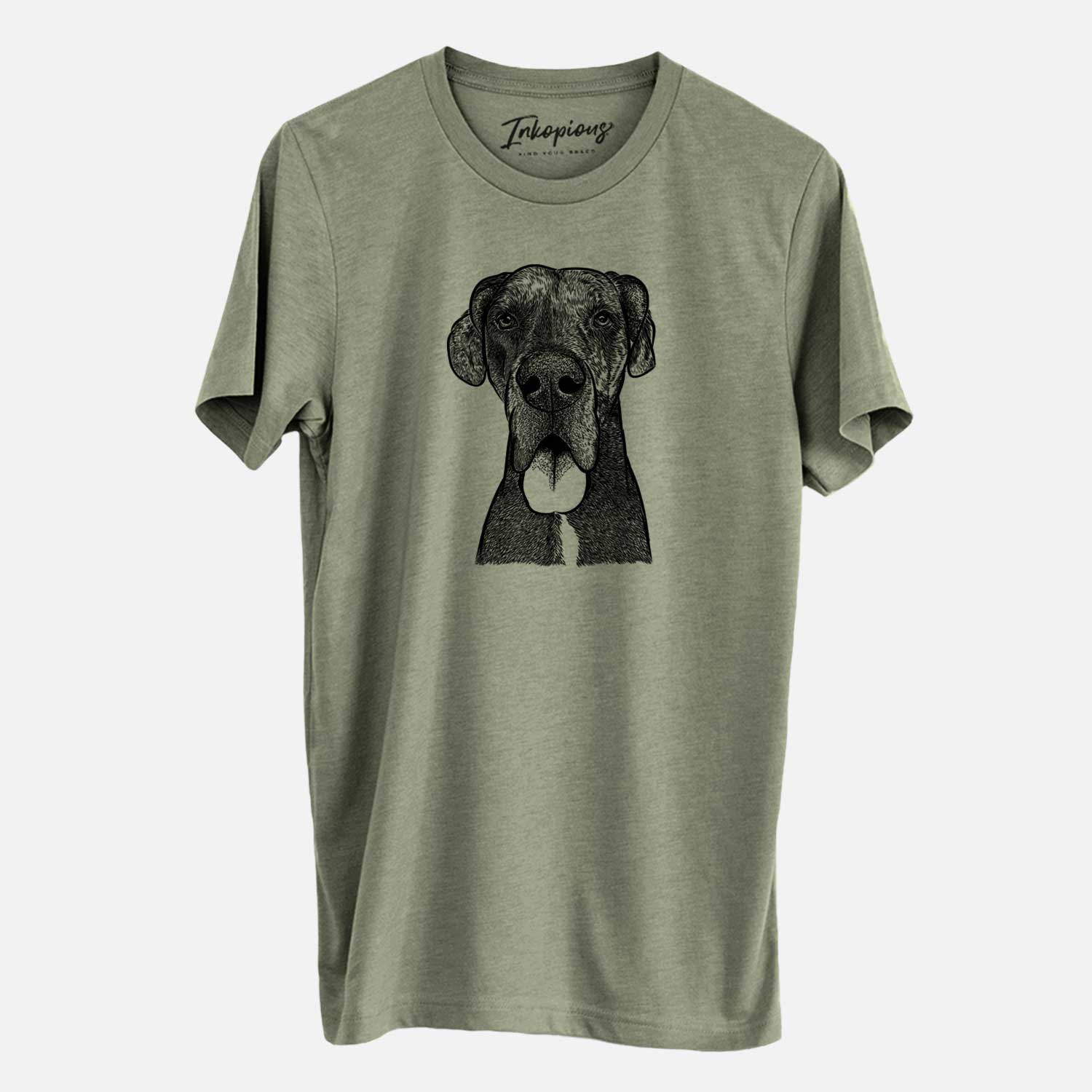 Hand-drawn sketch of Eli the Great Dane on an Olive Unisex crewneck