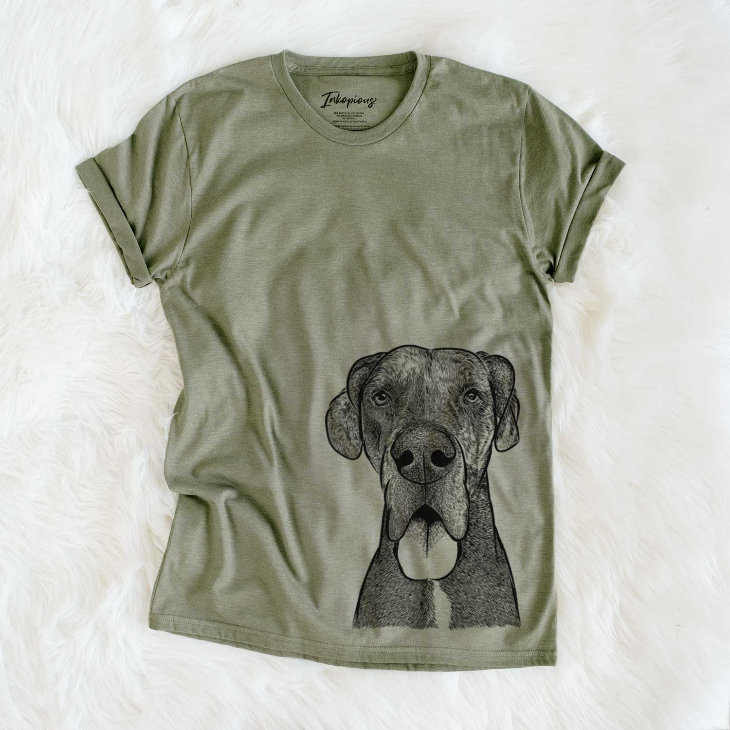 Hand-drawn sketch of Eli the Great Dane on an Olive Unisex crewneck