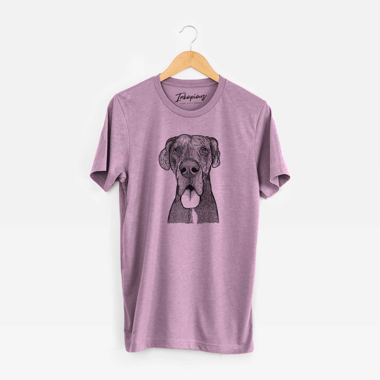 Hand-drawn sketch of Eli the Great Dane on an Orchid Unisex crewneck