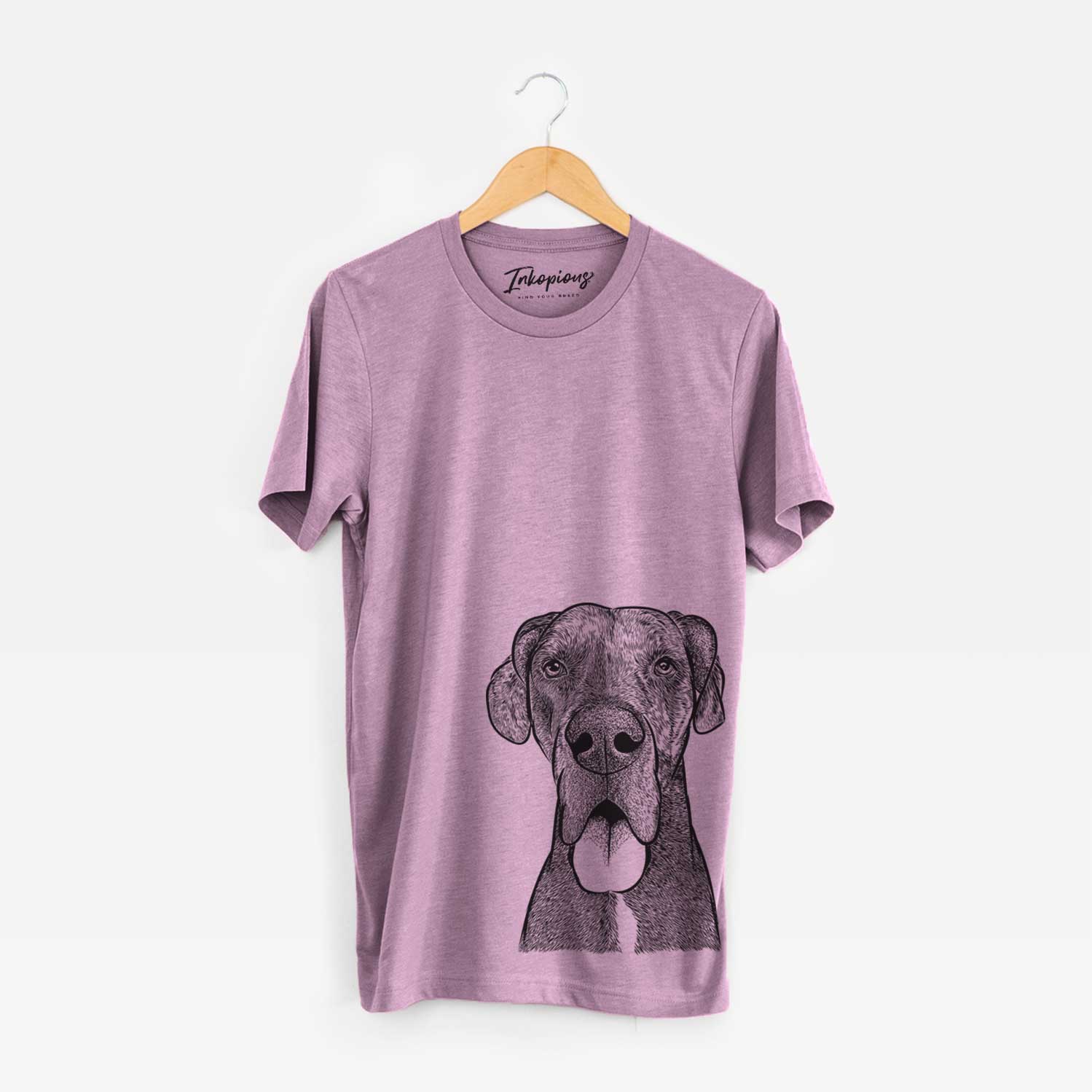 Hand-drawn sketch of Eli the Great Dane on an Orchid Unisex crewneck