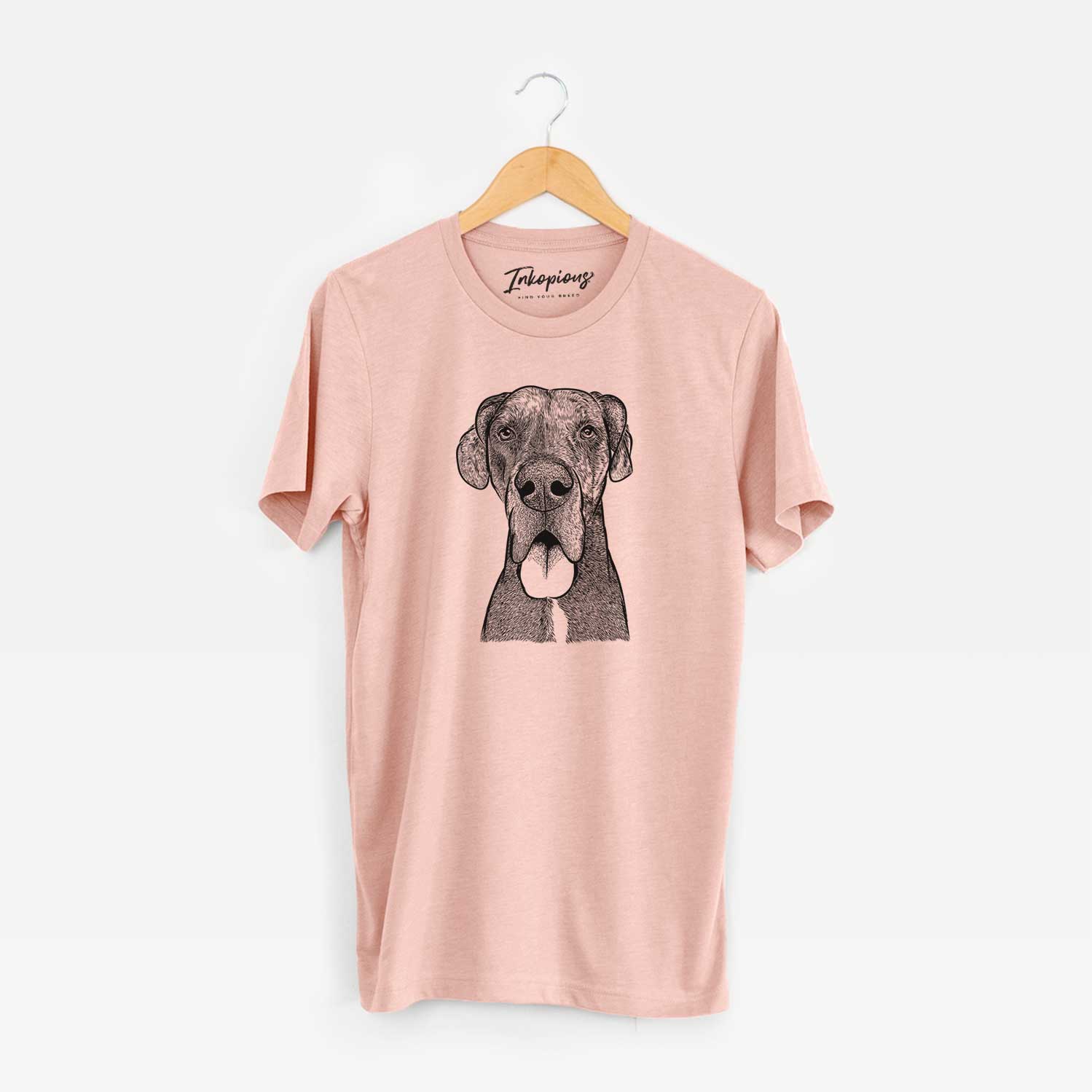 Hand-drawn sketch of Eli the Great Dane on a Peach Unisex crewneck