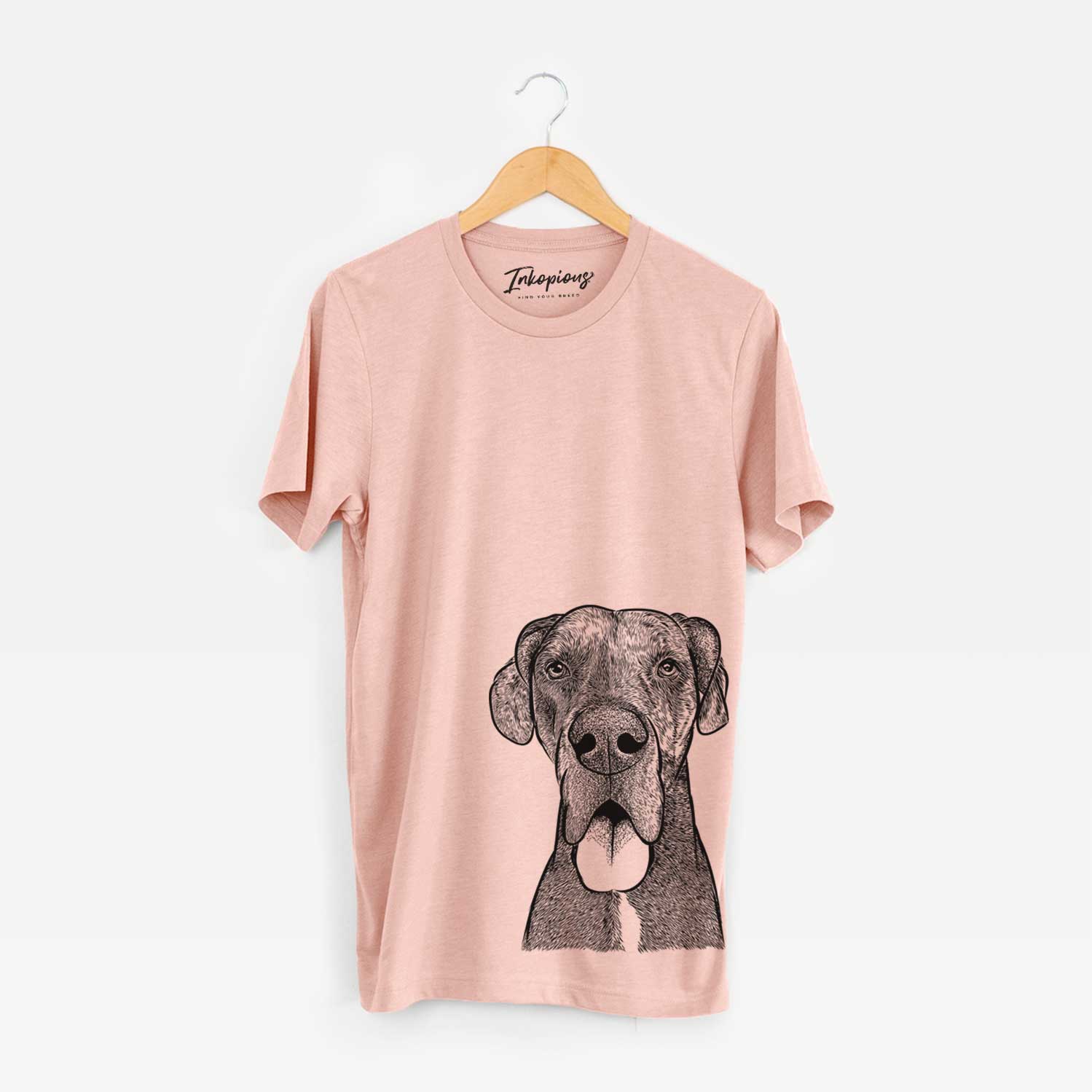 Hand-drawn sketch of Eli the Great Dane on a Peach Bella Canvas Unisex Crewneck