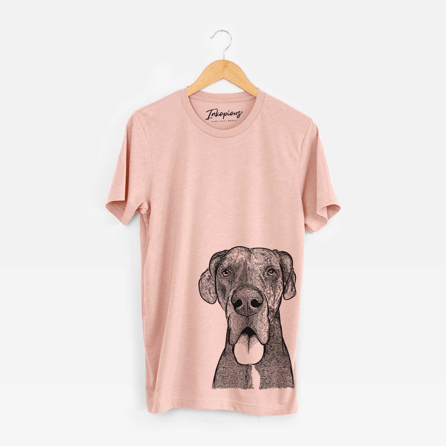 Hand-drawn sketch of Eli the Great Dane on a Peach Unisex crewneck