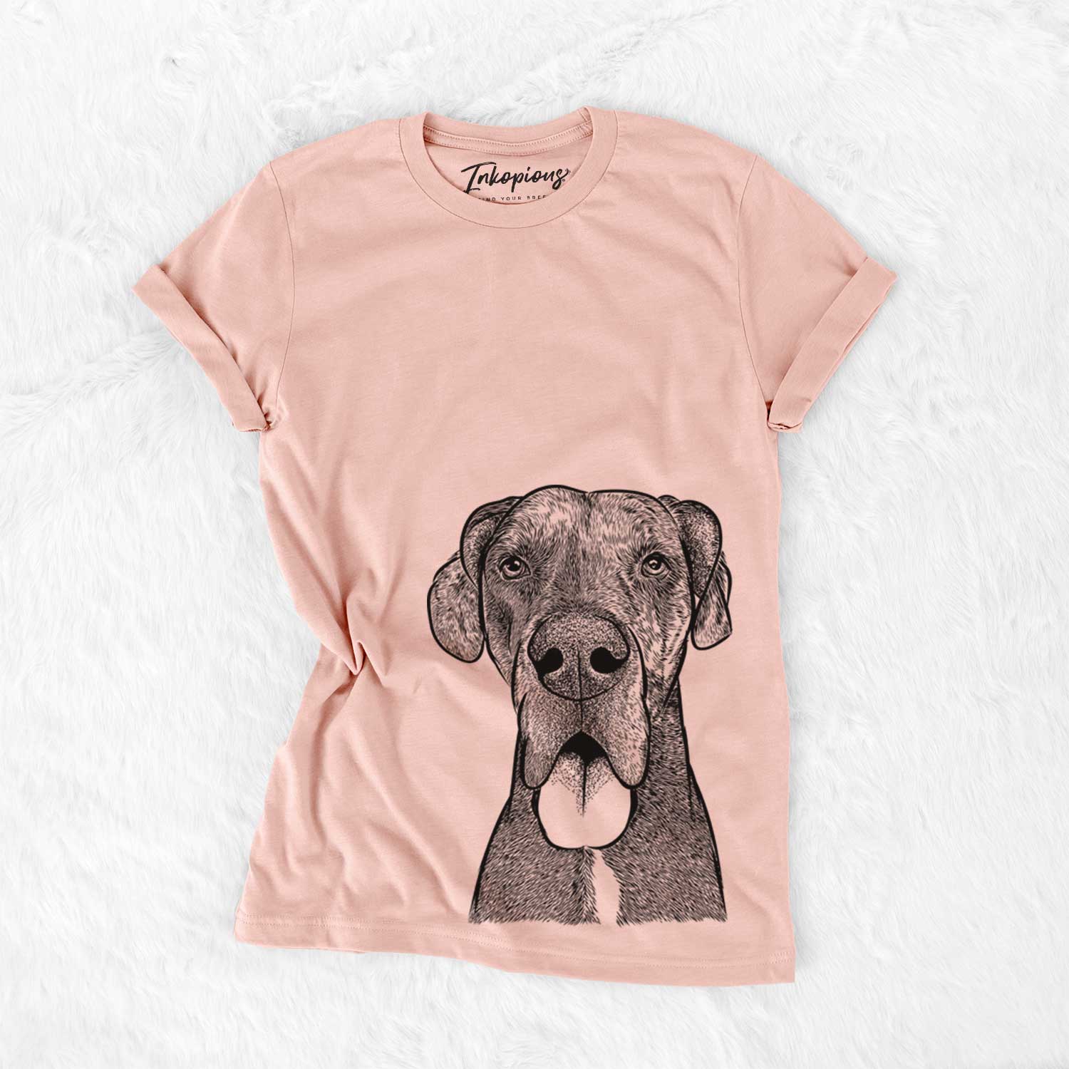 Hand-drawn sketch of Eli the Great Dane on a Peach Bella Canvas Unisex Crewneck