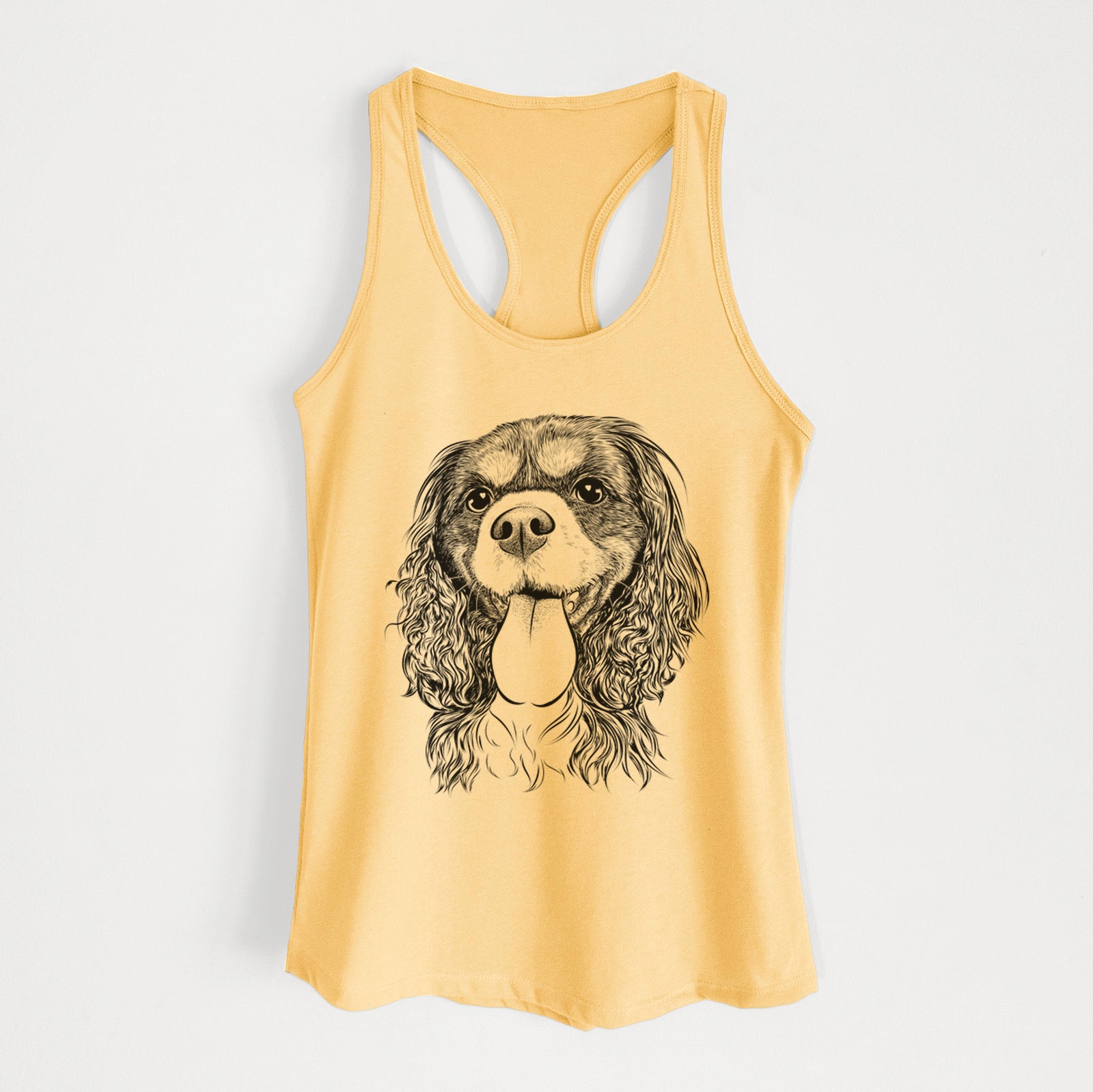Hand-drawn sketch of Elizabeth the Cavalier King Charles Spaniel on a Banana Cream Women's racerback tanktop