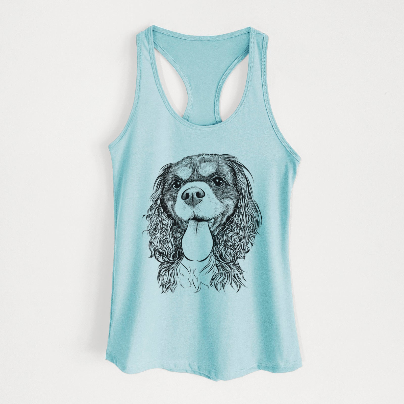 Hand-drawn sketch of Elizabeth the Cavalier King Charles Spaniel on a Cancun Blue Women's racerback tanktop
