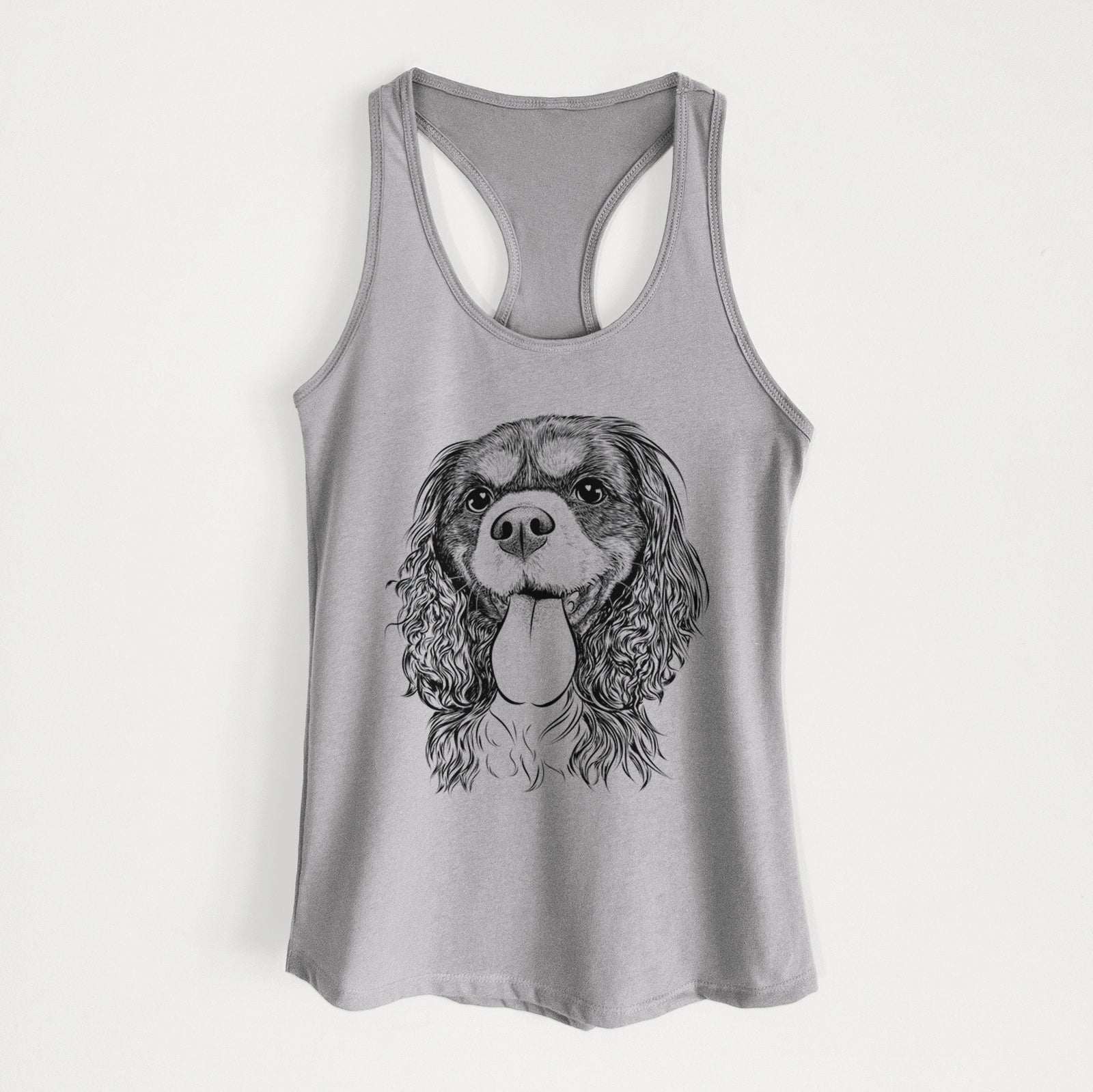 Hand-drawn sketch of Elizabeth the Cavalier King Charles Spaniel on a Heather Grey Women's racerback tanktop