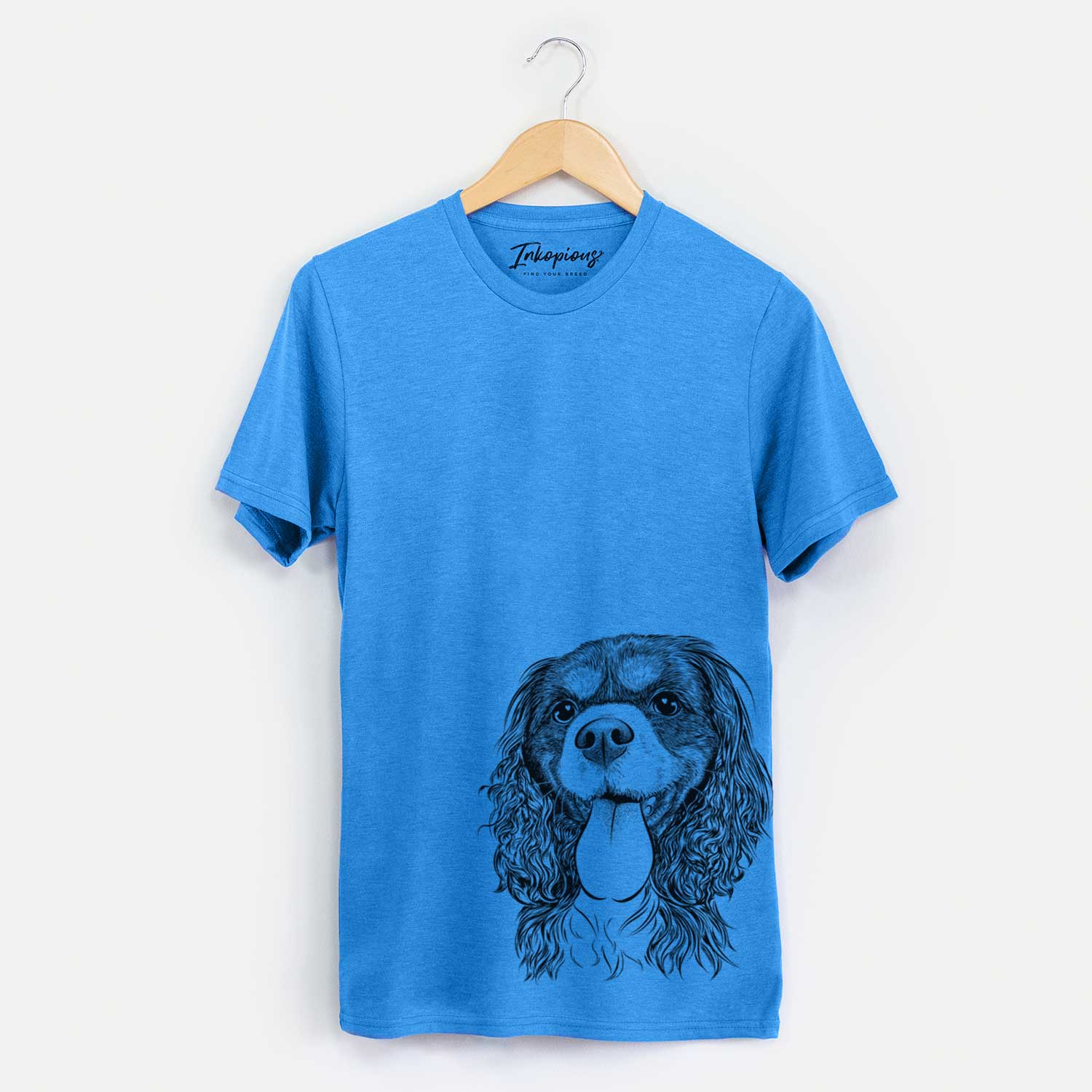 Hand-drawn sketch of Elizabeth the Cavalier King Charles Spaniel on a Blue Unisex crewneck