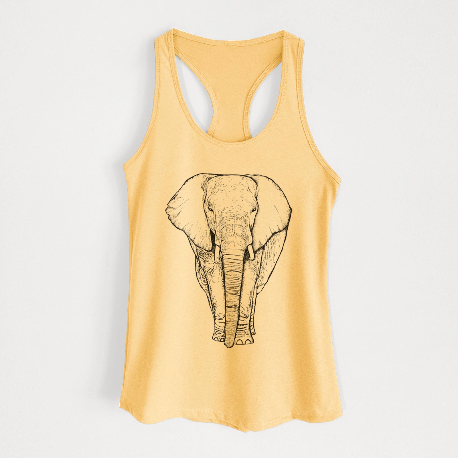 Hand-drawn sketch of Ella the Elephant on a Banana Cream Women's racerback tanktop