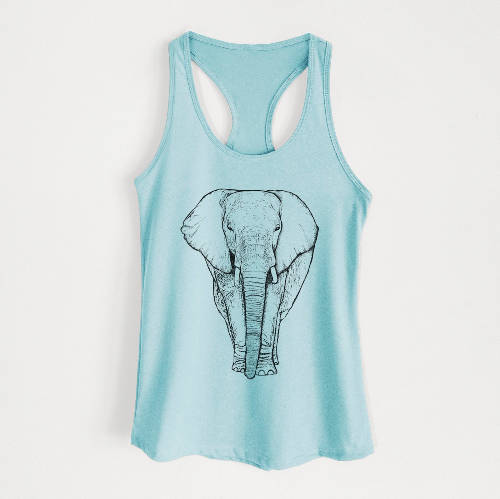 Hand-drawn sketch of Ella the Elephant on a Cancun Blue Women's racerback tanktop