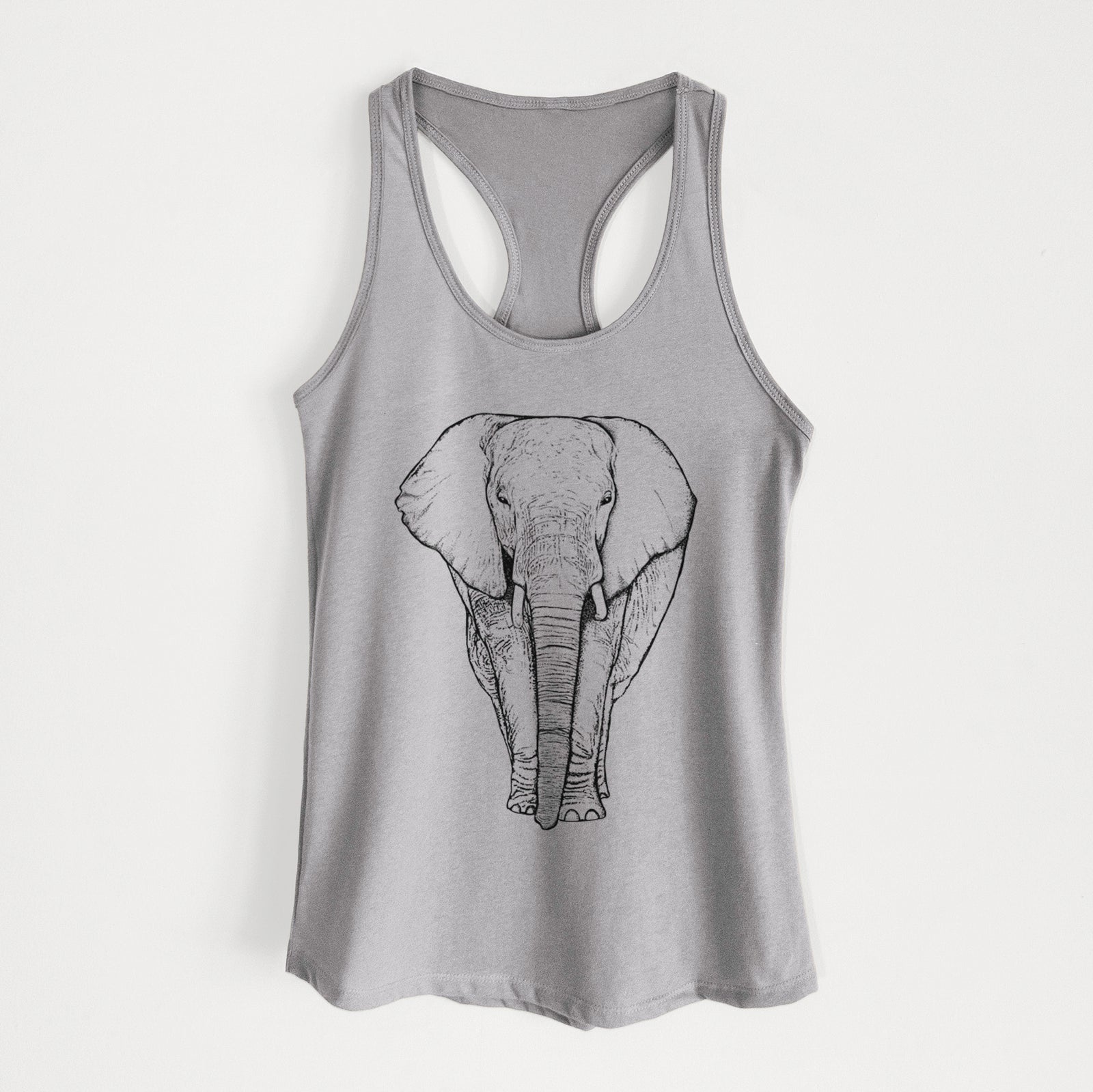 Hand-drawn sketch of Ella the Elephant on a Heather Grey Women's racerback tanktop