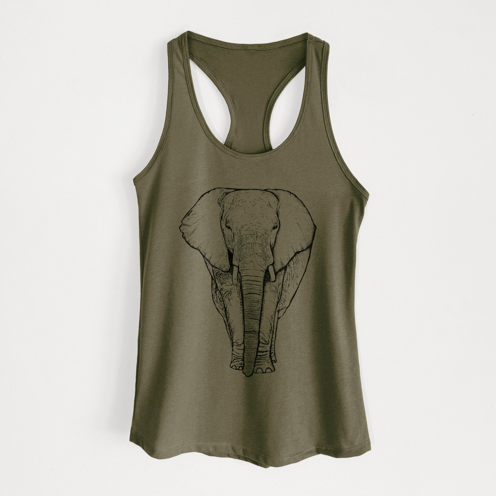 Hand-drawn sketch of Ella the Elephant on a Military Green Women's racerback tanktop