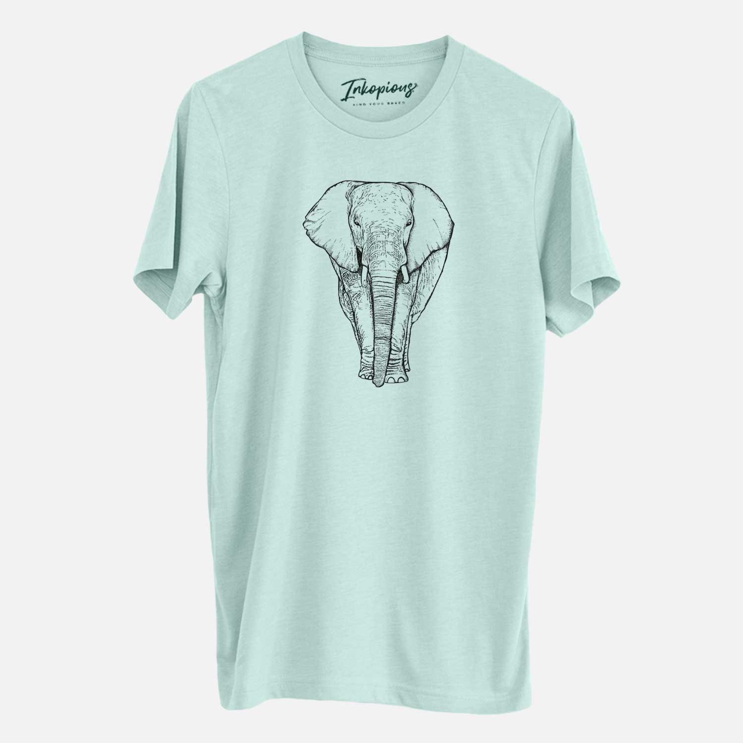 Hand-drawn sketch of Ella the Elephant on a Heather Sage Unisex crewneck