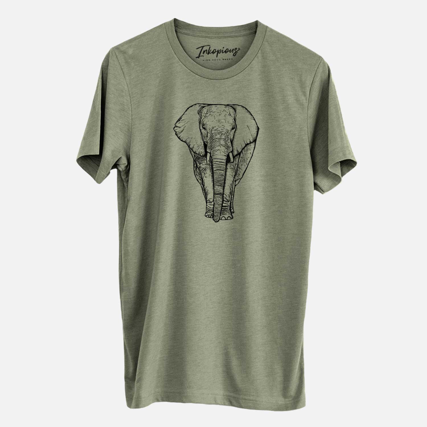 Hand-drawn sketch of Ella the Elephant on an Olive Unisex crewneck