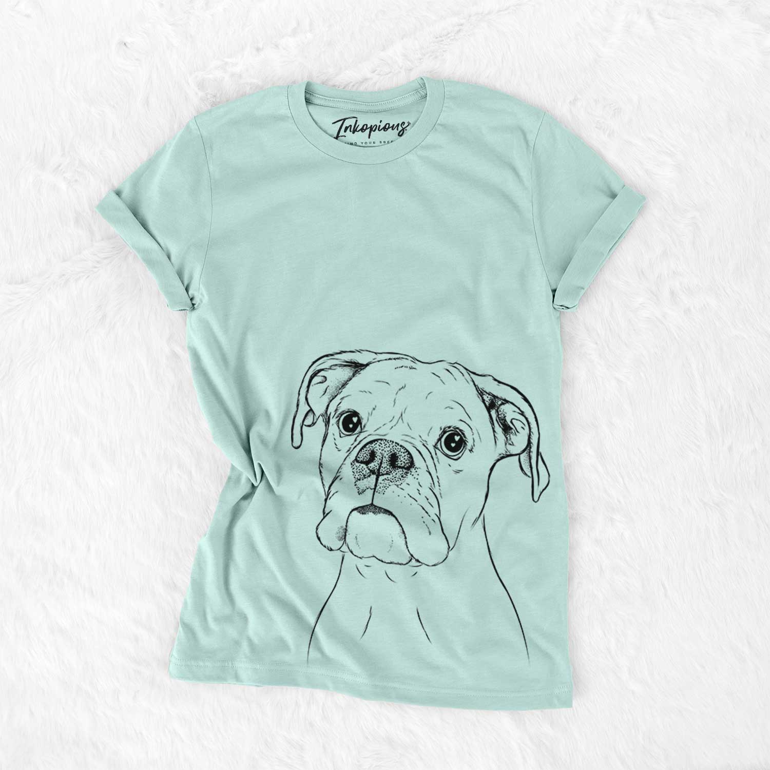 Hand-drawn sketch of Ellie the Boxer on a Heather Sage Bella Canvas Unisex Crewneck