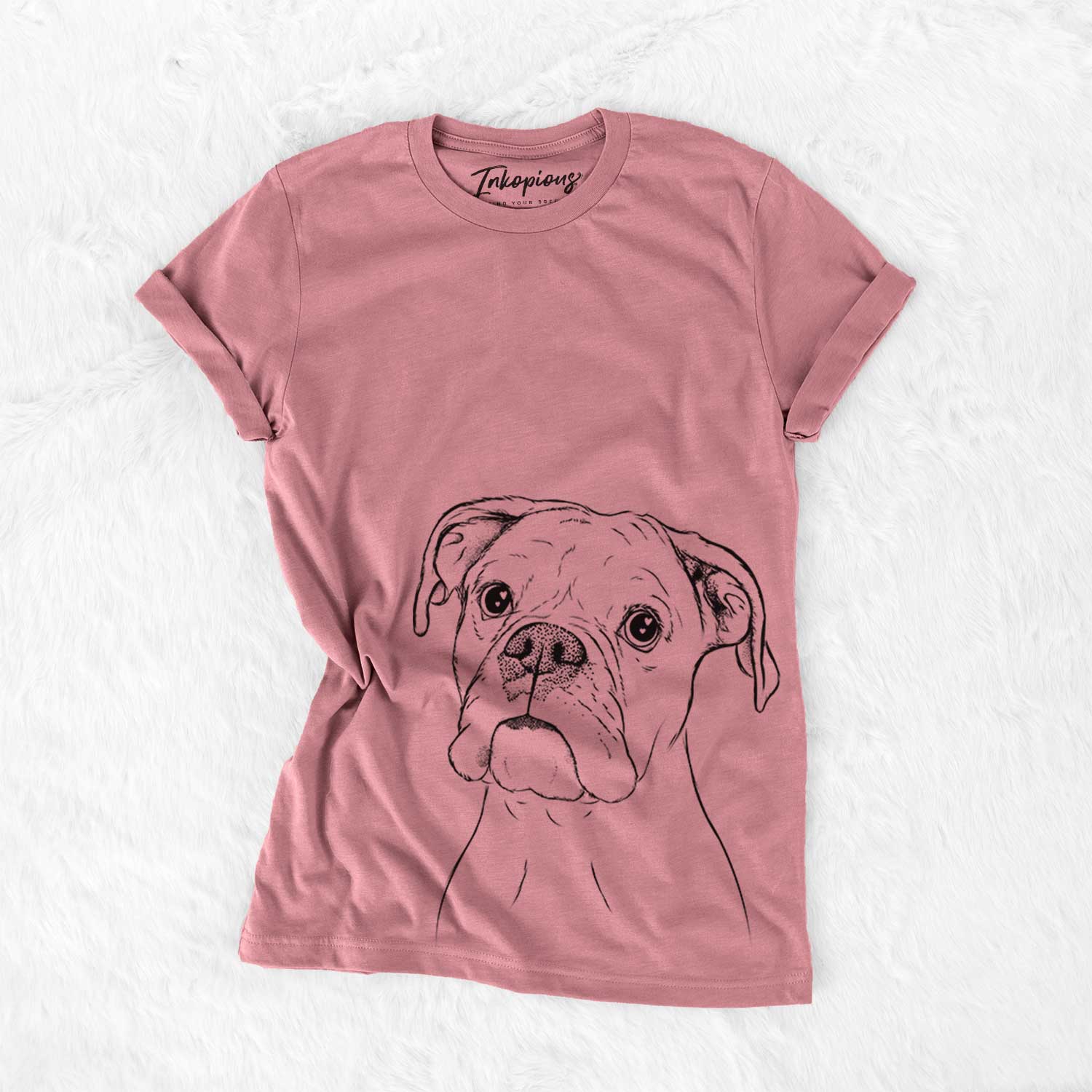 Hand-drawn sketch of Ellie the Boxer on a Mauve Bella Canvas Unisex Crewneck