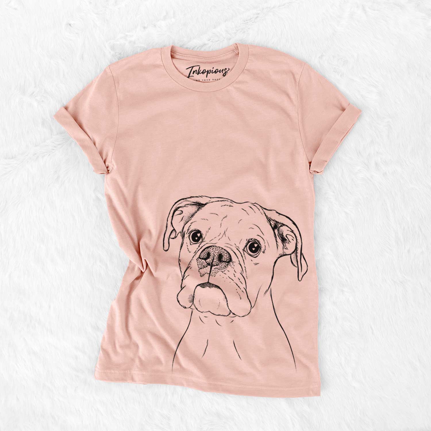 Hand-drawn sketch of Ellie the Boxer on a Peach Bella Canvas Unisex Crewneck