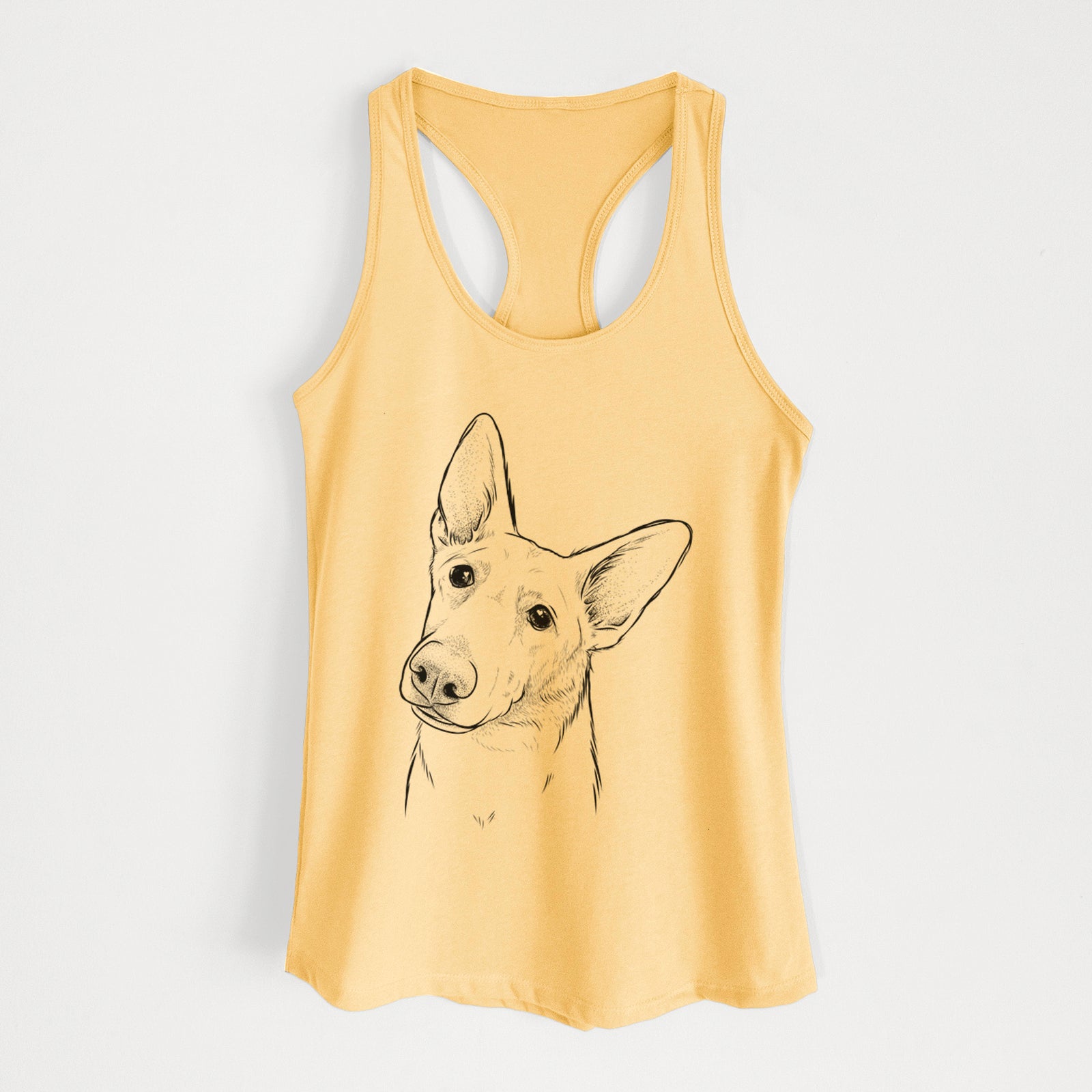 Hand-drawn sketch of Elsa the German Shepherd on a Banana Cream Women's racerback tanktop